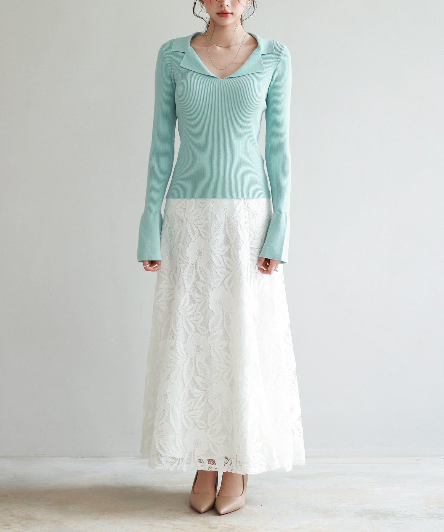 リブ編みポロネックニットプルオーバーsdp8059 グリーン