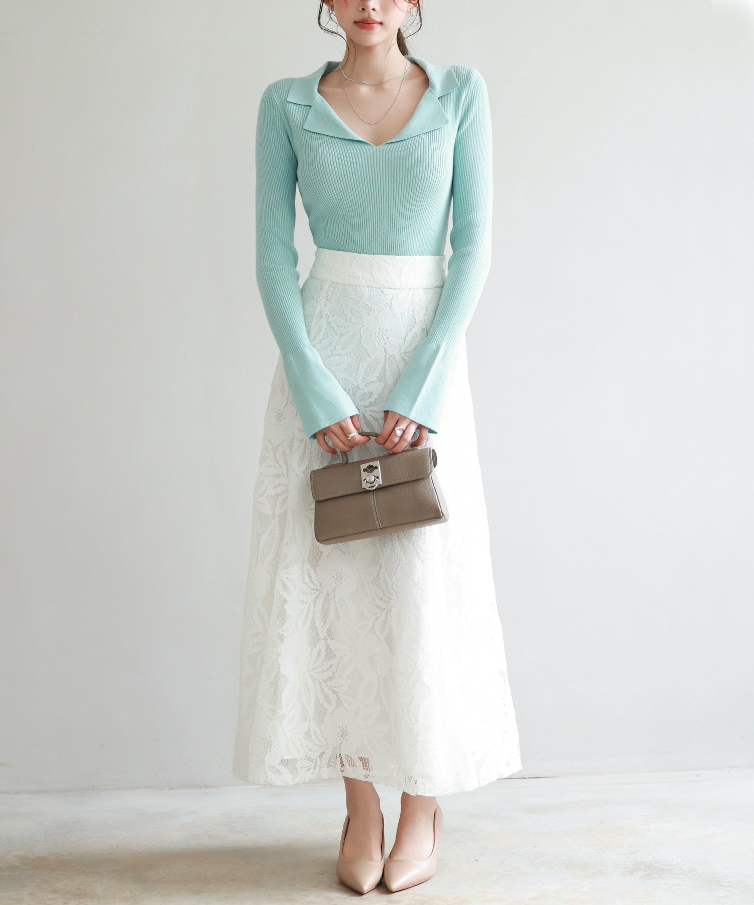 リブ編みポロネックニットプルオーバーsdp8059 グリーン