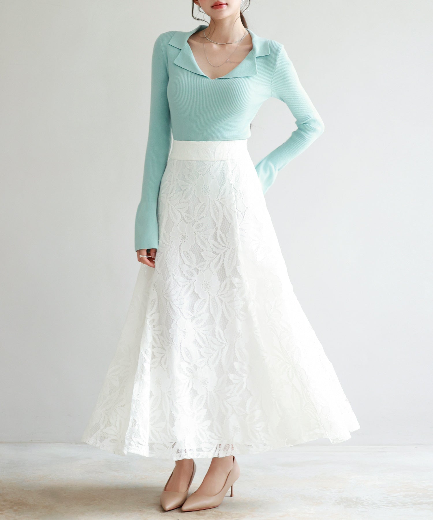 リブ編みポロネックニットプルオーバーsdp8059 グリーン