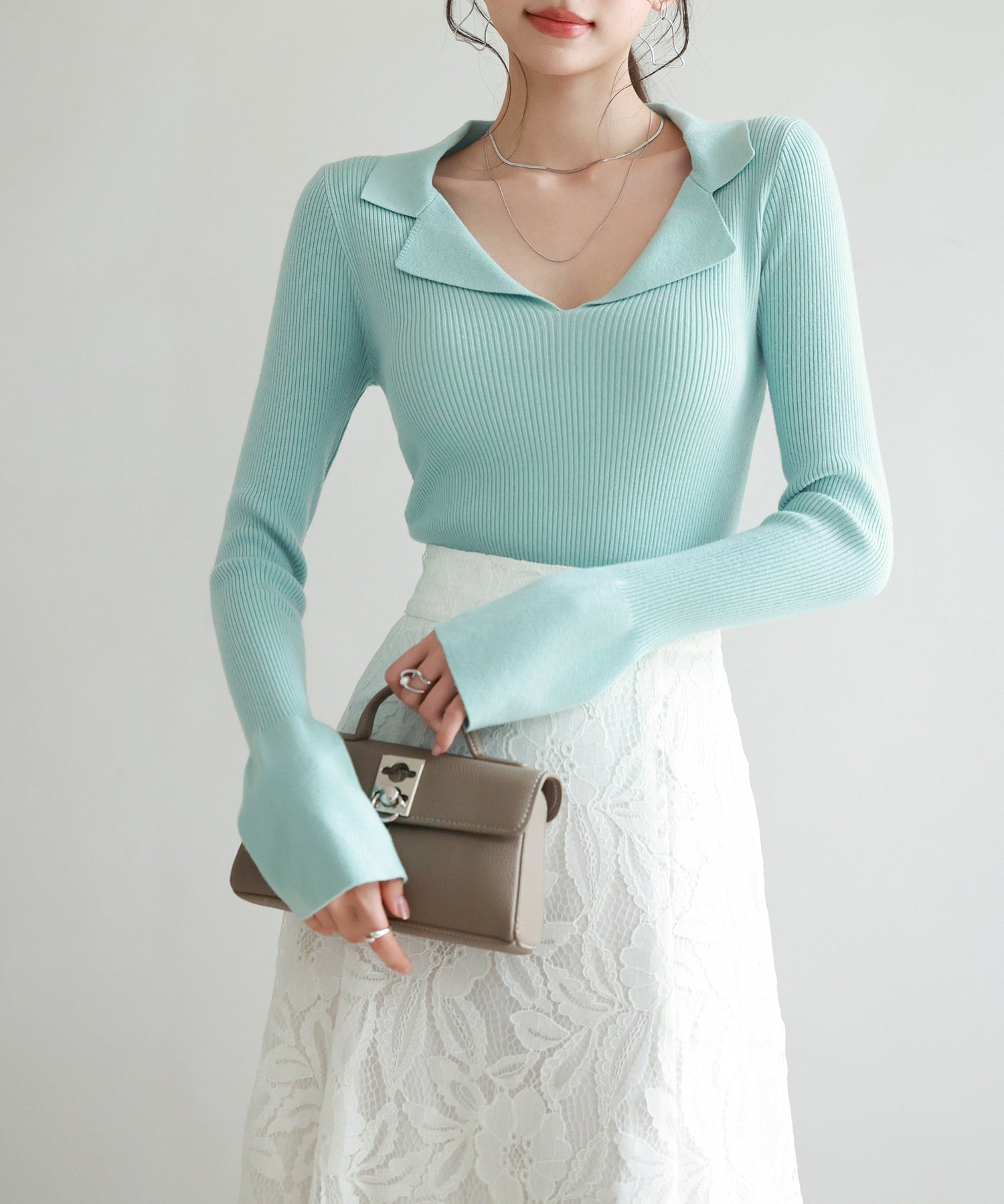 リブ編みポロネックニットプルオーバーsdp8059 グリーン