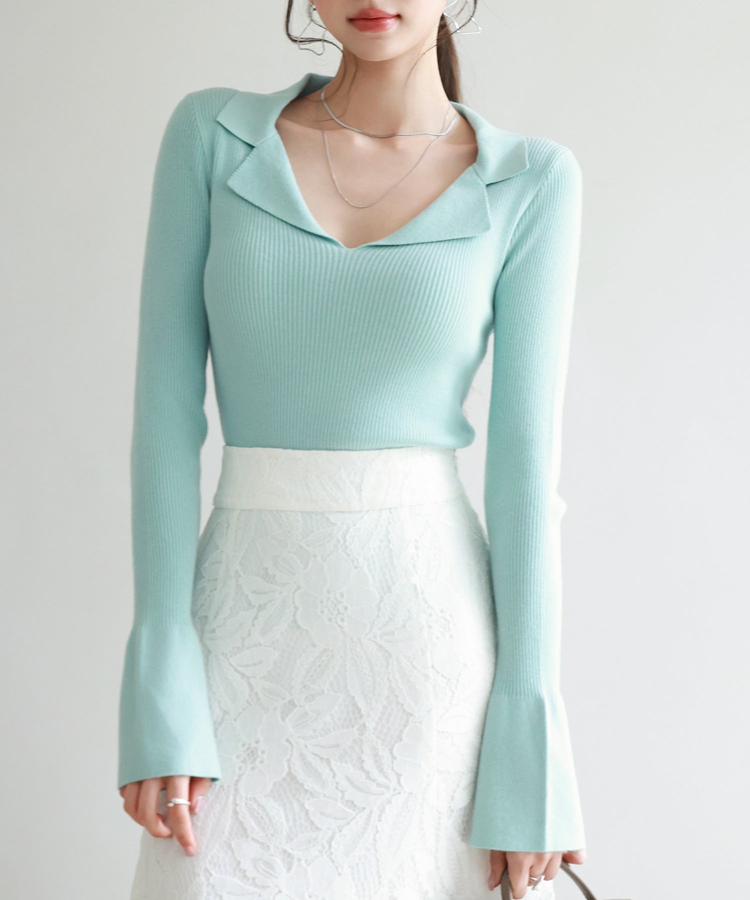 リブ編みポロネックニットプルオーバーsdp8059 グリーン