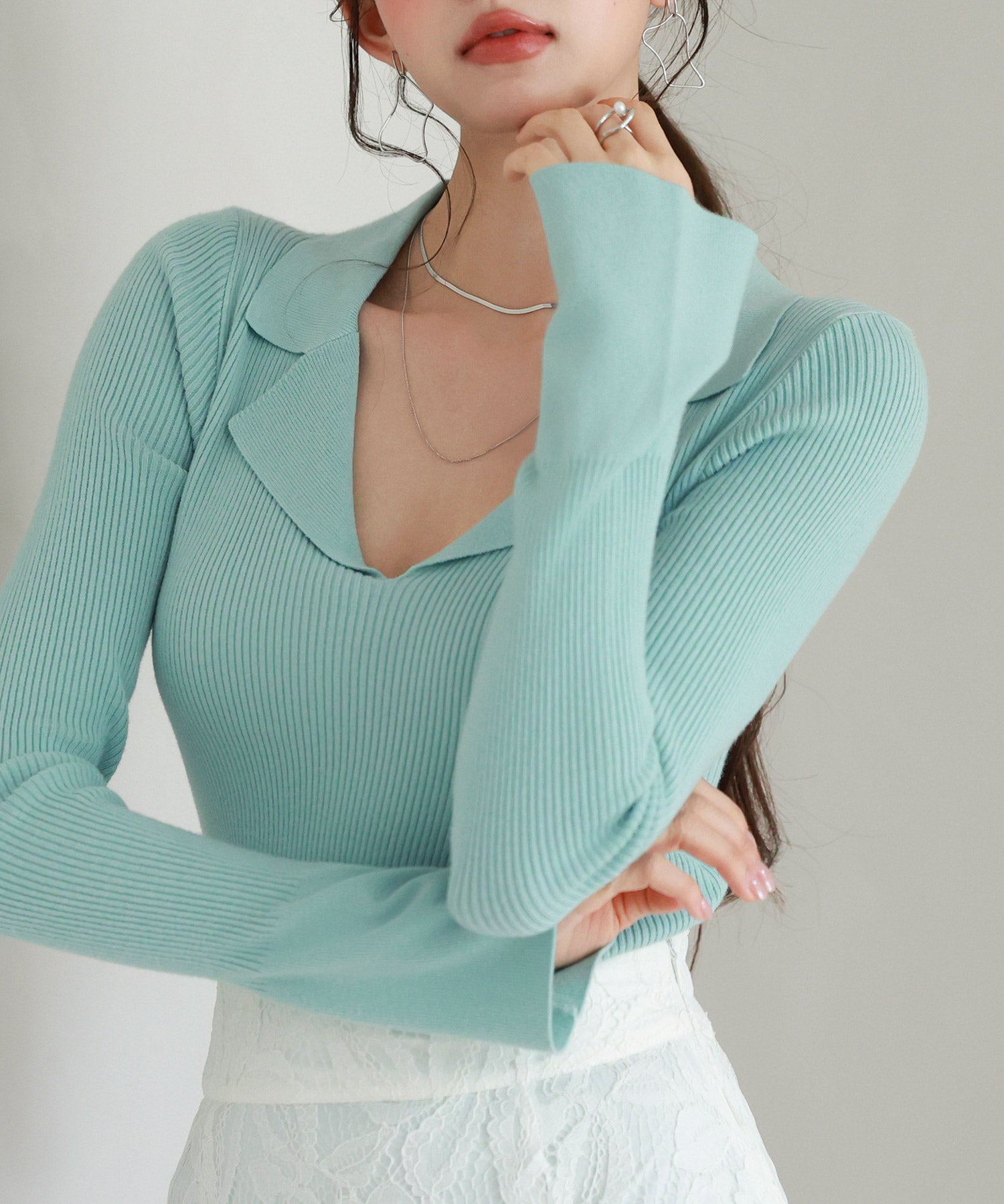 リブ編みポロネックニットプルオーバーsdp8059 グリーン