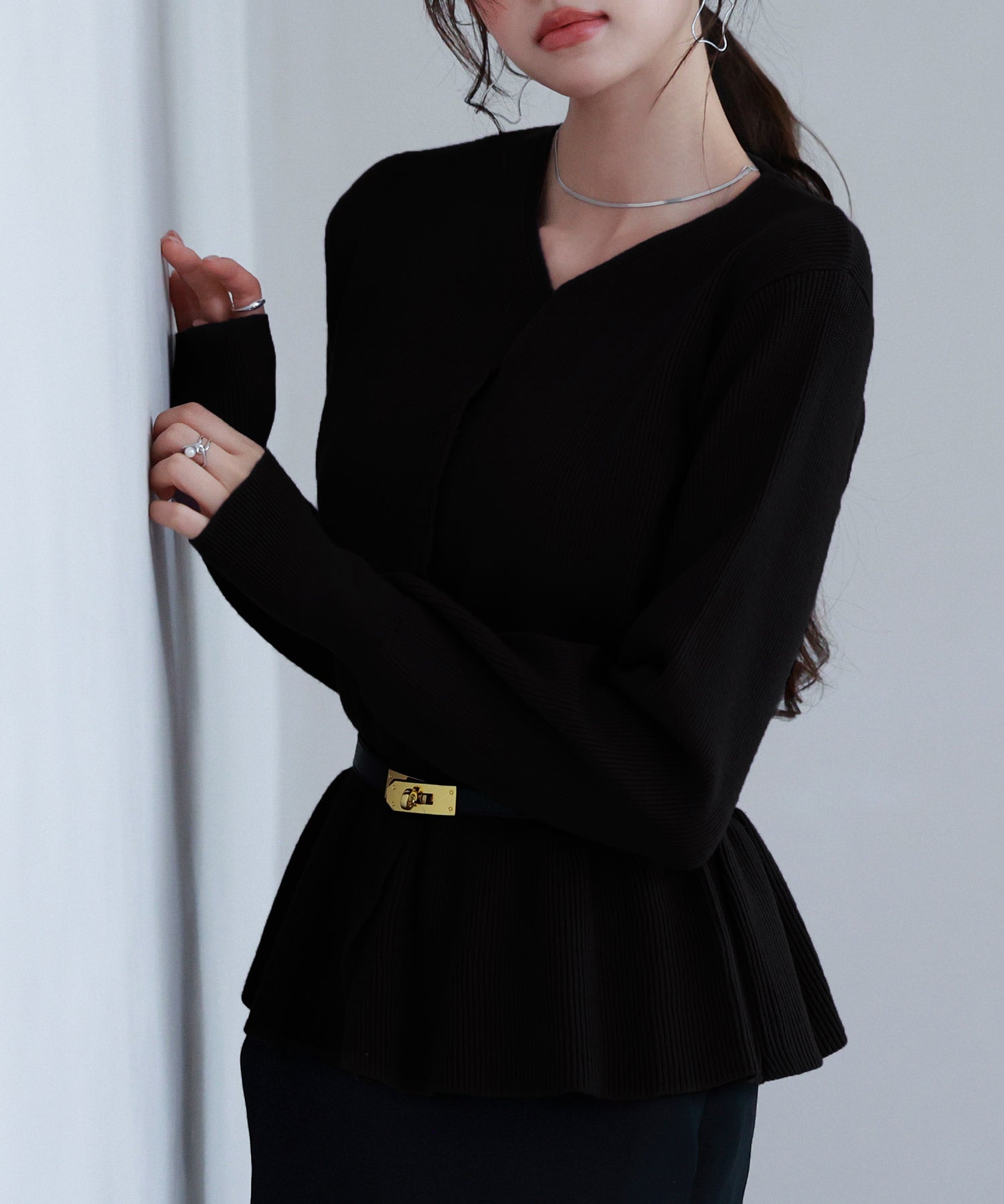 スナップボタンぺプラム裾2wayニットsdp8060 ブラック