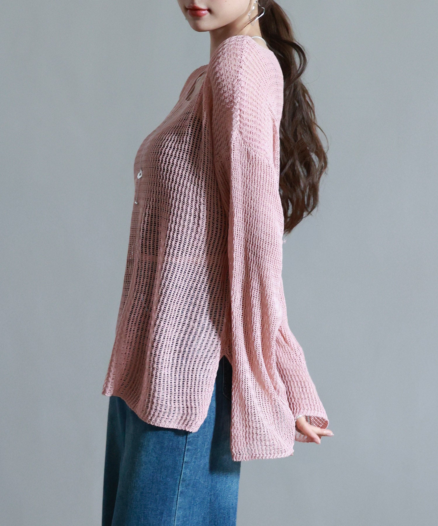 透かし編みオーバーサイズニットプルオーバーsdp8061 ピンク