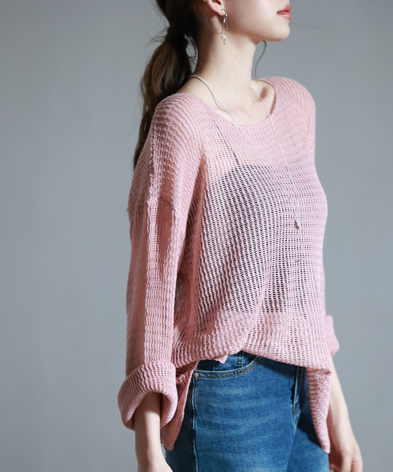 透かし編みオーバーサイズニットプルオーバーsdp8061 ピンク