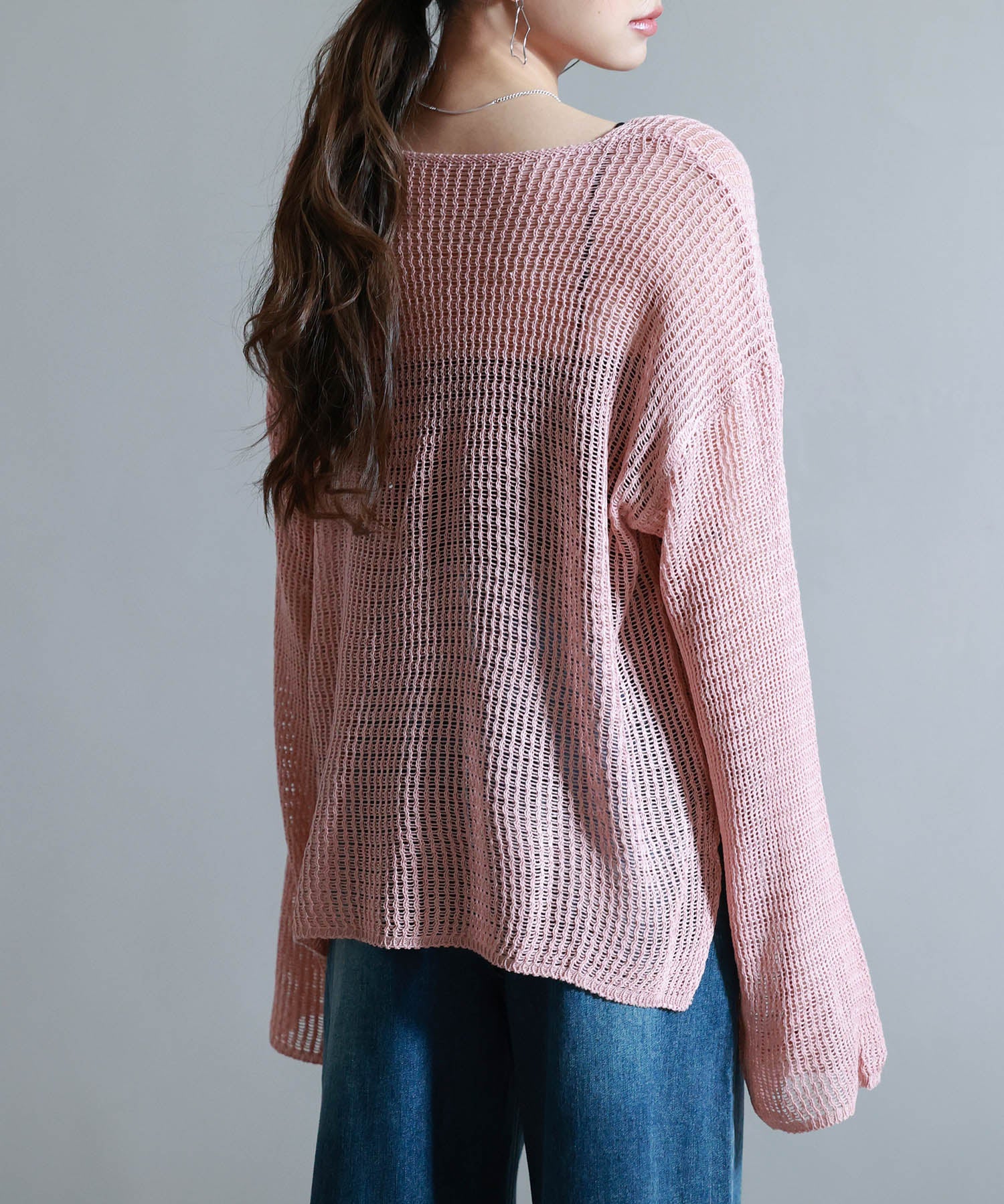 透かし編みオーバーサイズニットプルオーバーsdp8061 ピンク