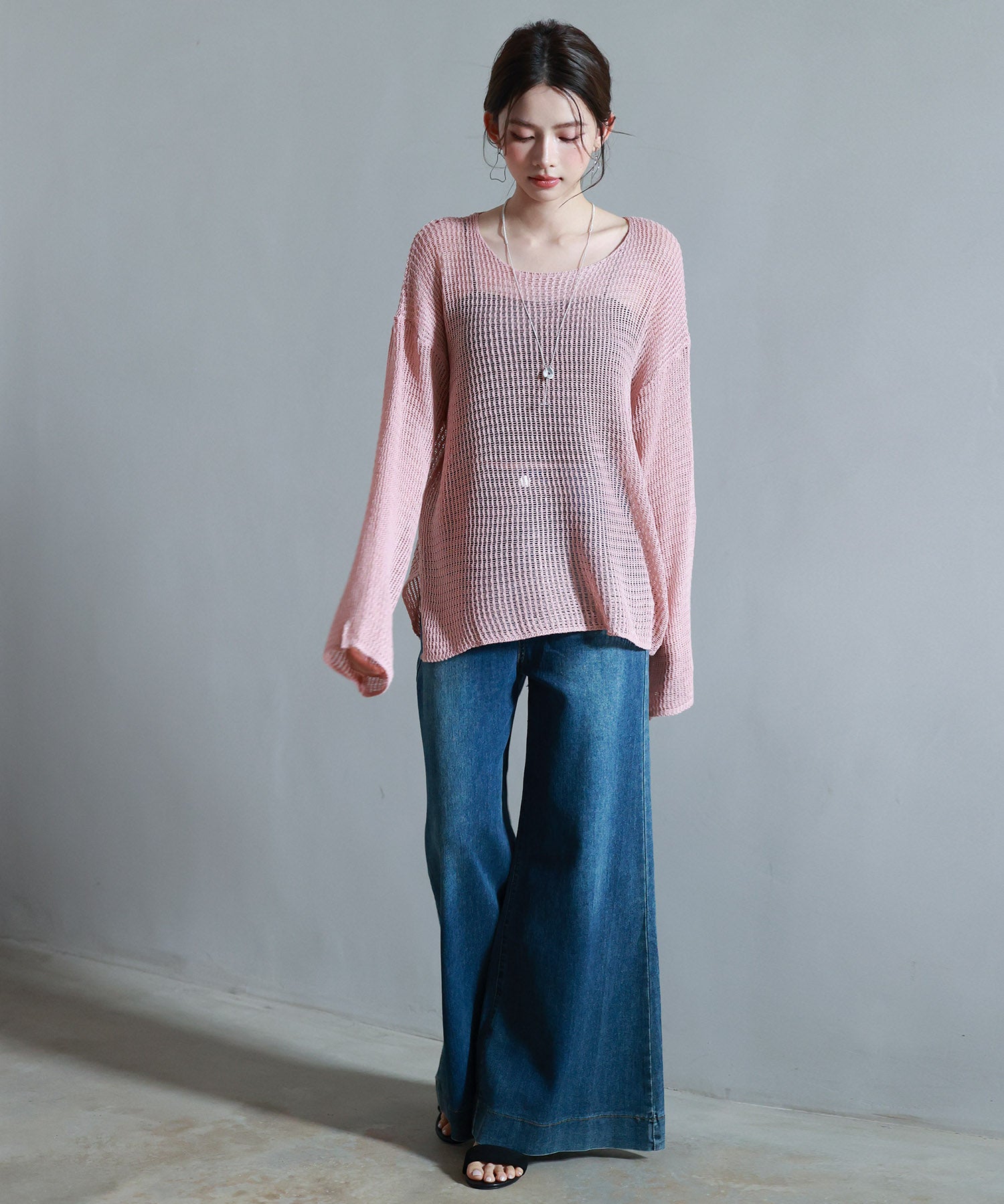 透かし編みオーバーサイズニットプルオーバーsdp8061 ピンク