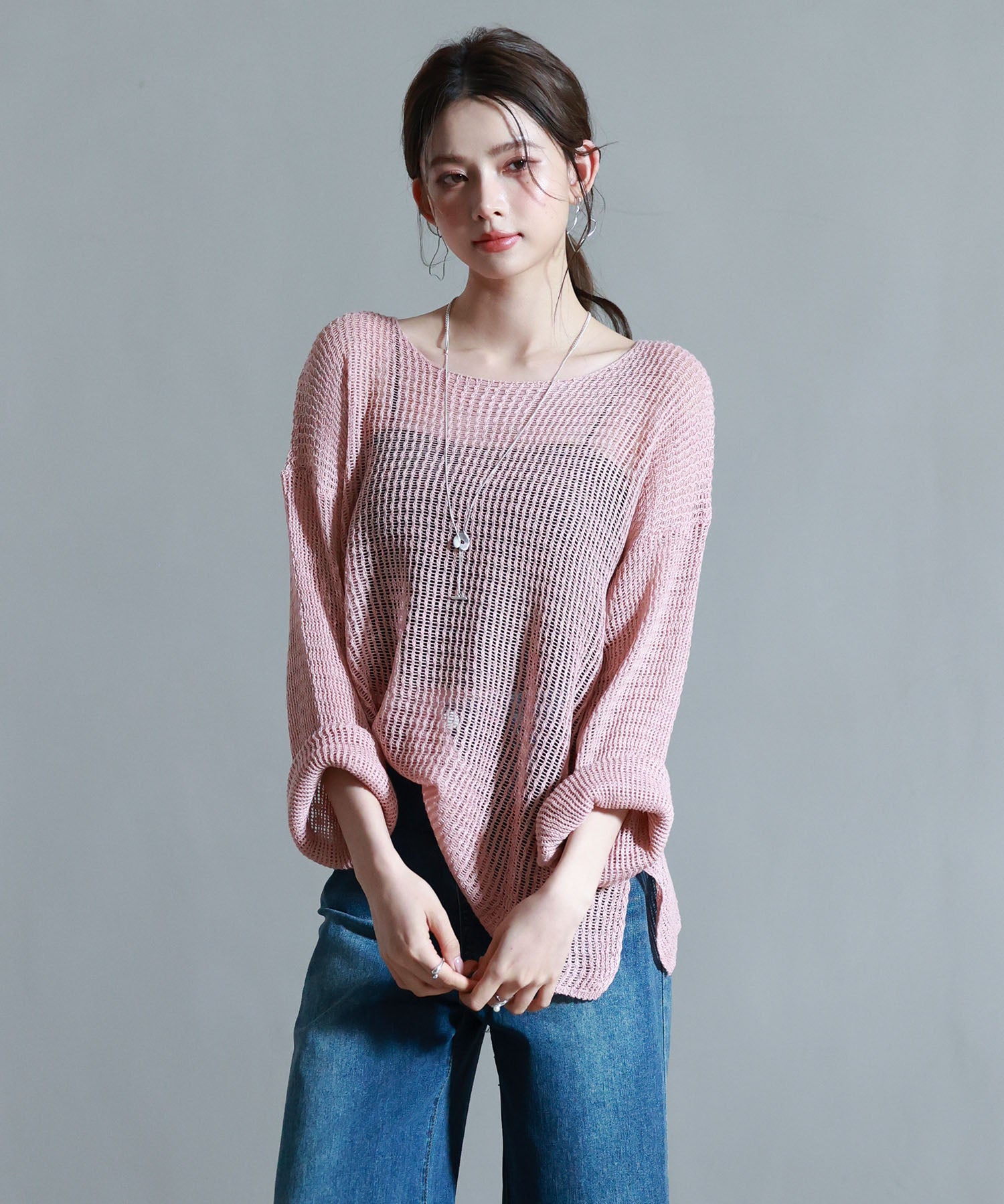 透かし編みオーバーサイズニットプルオーバーsdp8061 ピンク