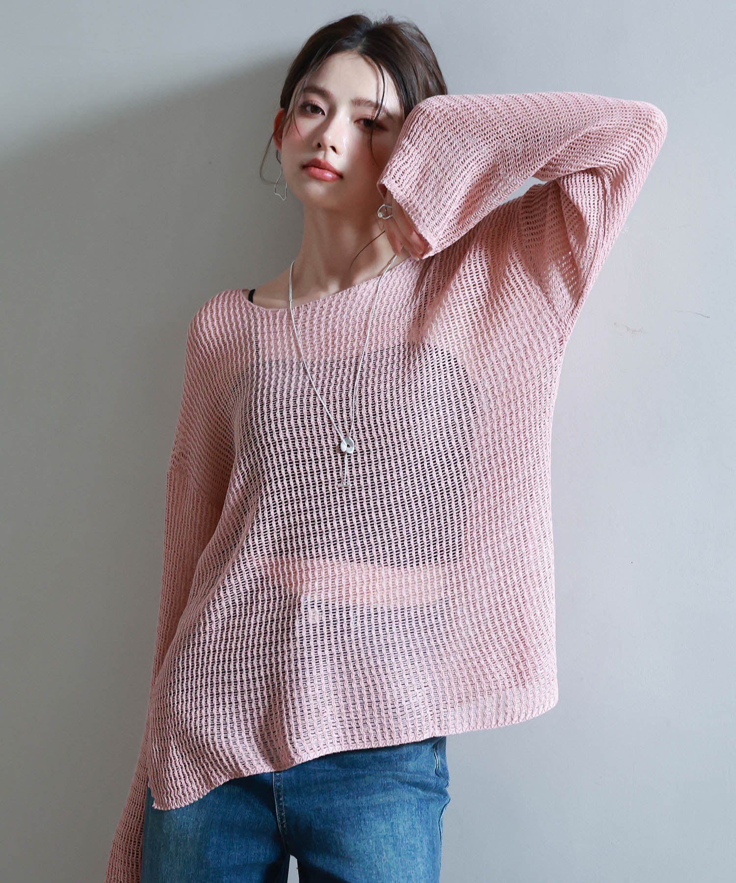 透かし編みオーバーサイズニットプルオーバーsdp8061 ピンク