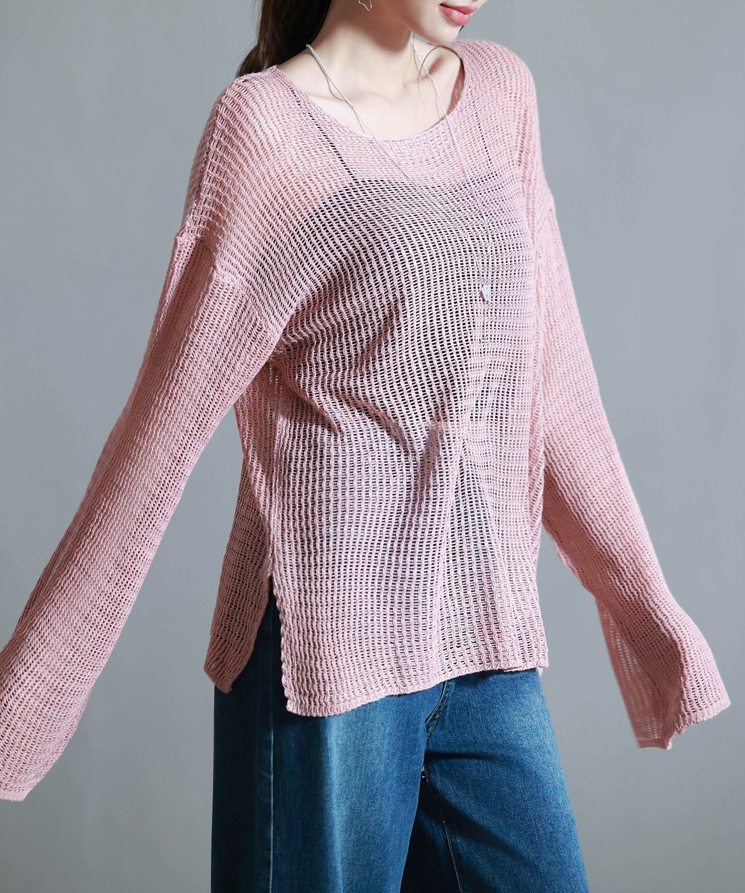 透かし編みオーバーサイズニットプルオーバーsdp8061 ピンク