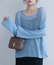 透かし編みオーバーサイズニットプルオーバーsdp8061 ブルー