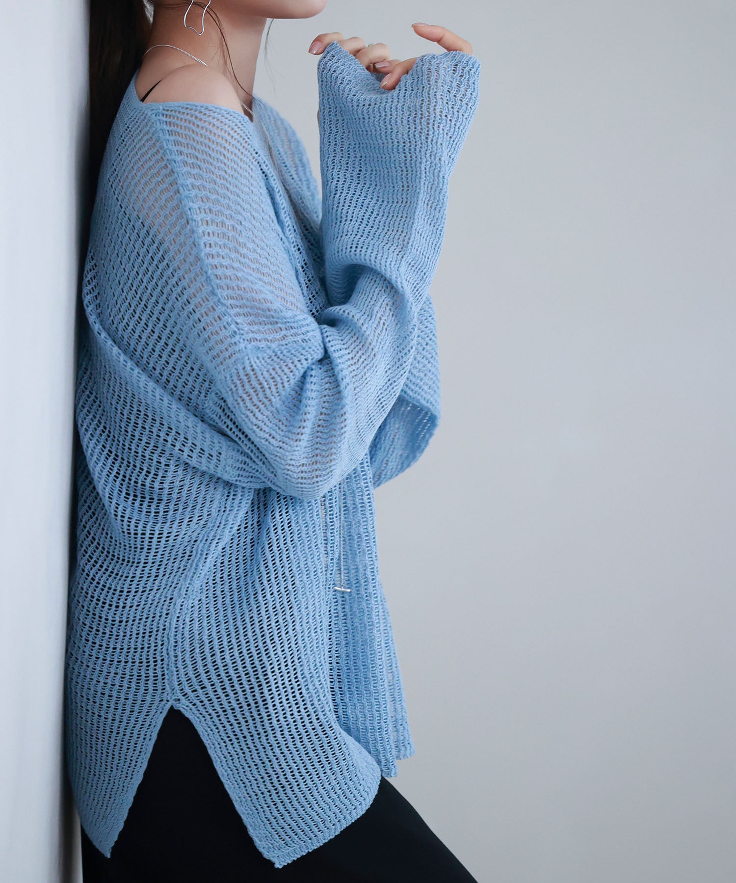 透かし編みオーバーサイズニットプルオーバーsdp8061 ブルー