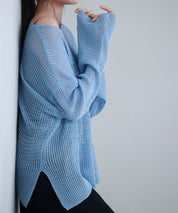 透かし編みオーバーサイズニットプルオーバーsdp8061 ブルー