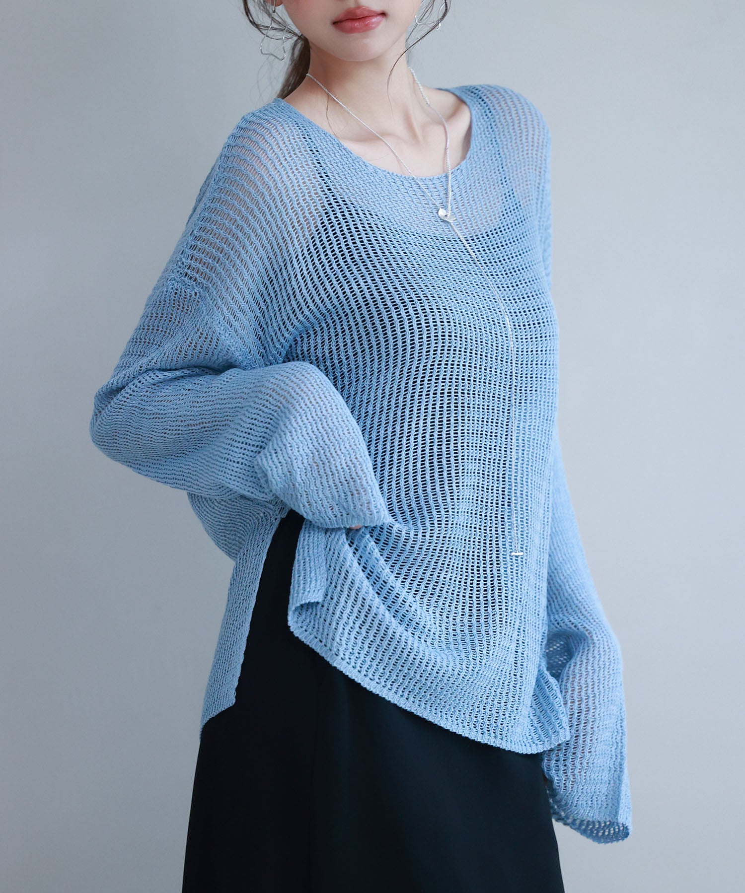 透かし編みオーバーサイズニットプルオーバーsdp8061 ブルー