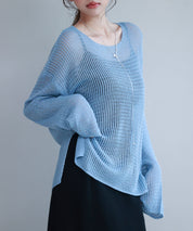 透かし編みオーバーサイズニットプルオーバーsdp8061 ブルー
