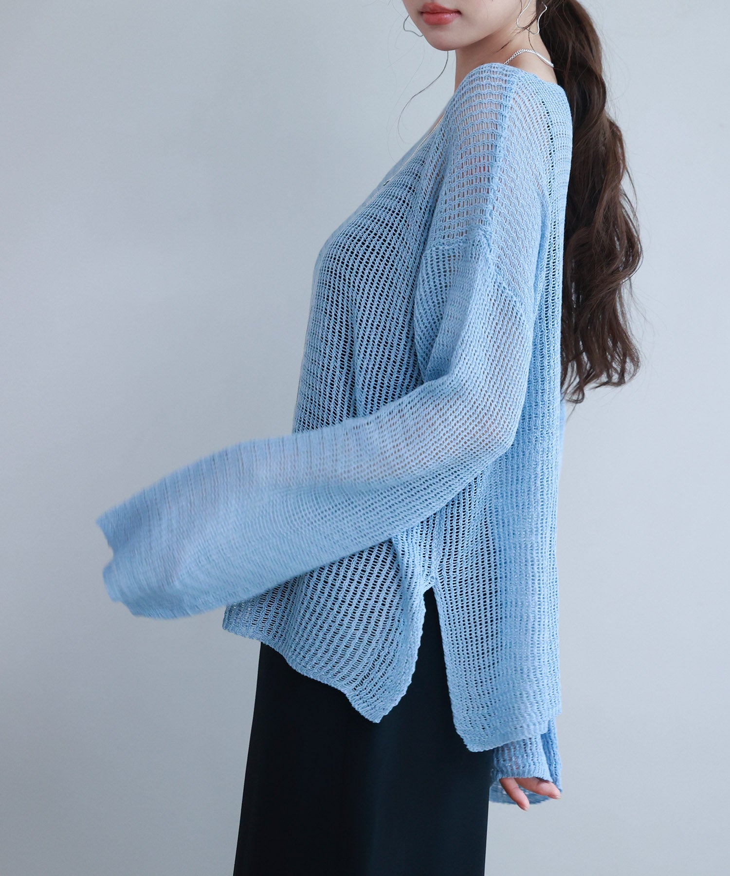透かし編みオーバーサイズニットプルオーバーsdp8061 ブルー