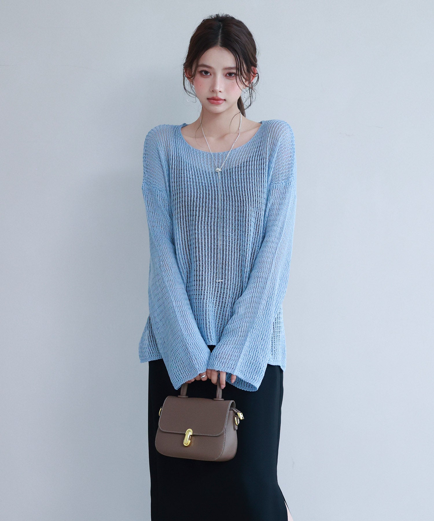 透かし編みオーバーサイズニットプルオーバーsdp8061 ブルー