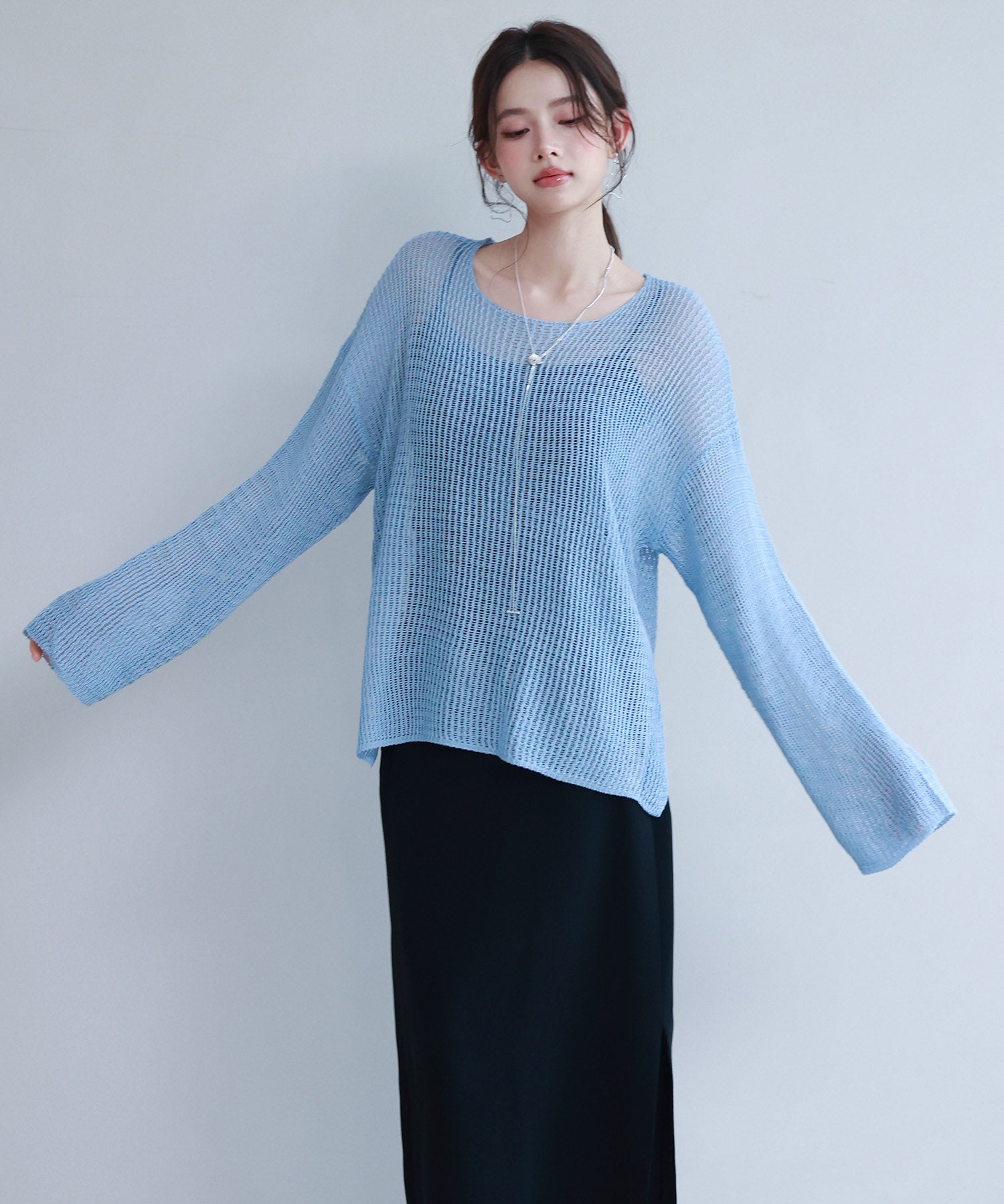 透かし編みオーバーサイズニットプルオーバーsdp8061 ブルー