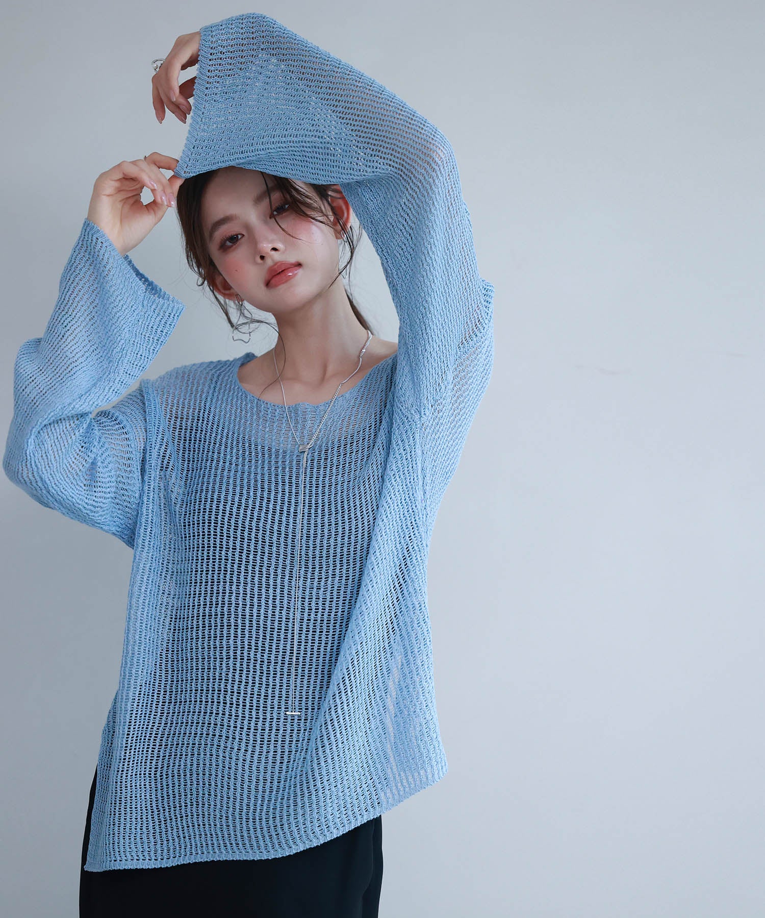 透かし編みオーバーサイズニットプルオーバーsdp8061 ブルー