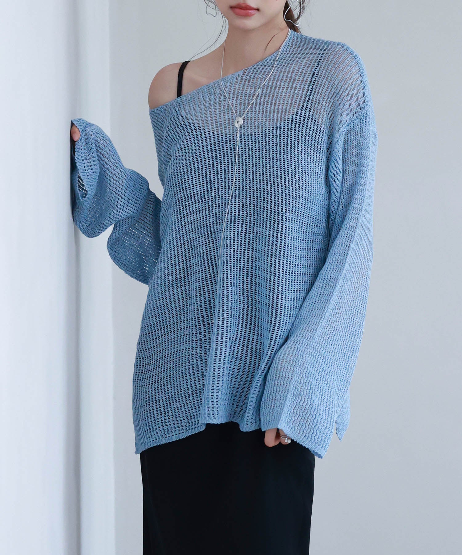 透かし編みオーバーサイズニットプルオーバーsdp8061 ブルー