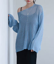 透かし編みオーバーサイズニットプルオーバーsdp8061 ブルー