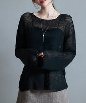 透かし編みオーバーサイズニットプルオーバーsdp8061 ブラック