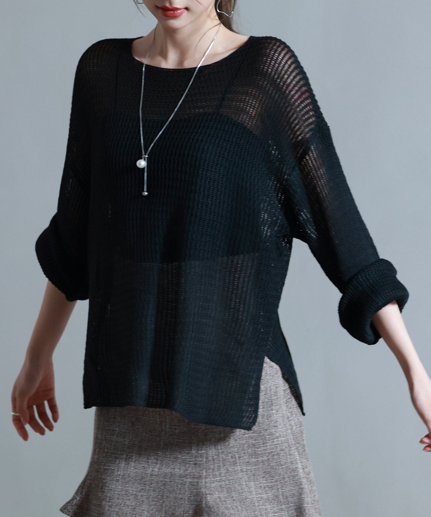 透かし編みオーバーサイズニットプルオーバーsdp8061 ブラック