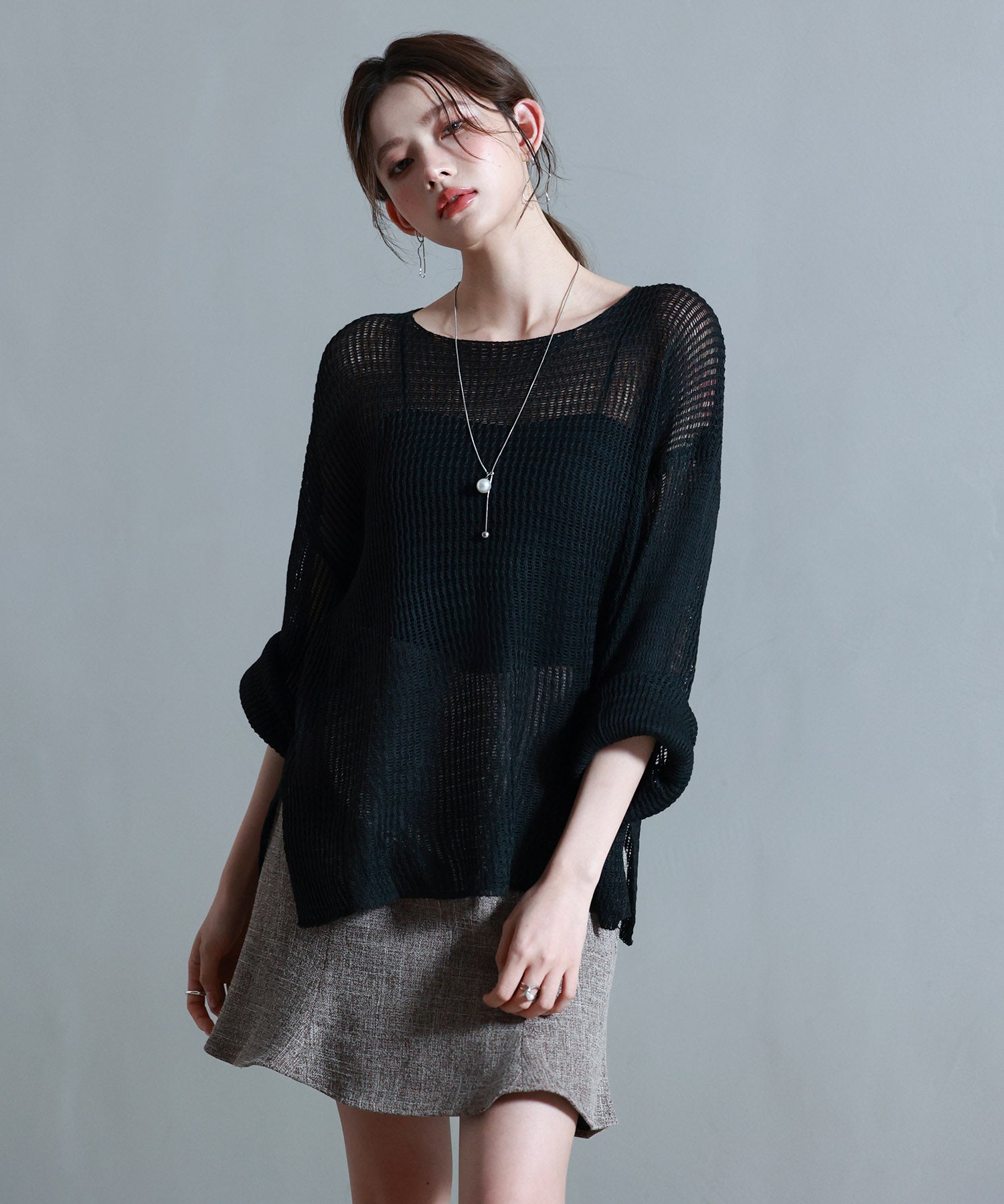 透かし編みオーバーサイズニットプルオーバーsdp8061 ブラック