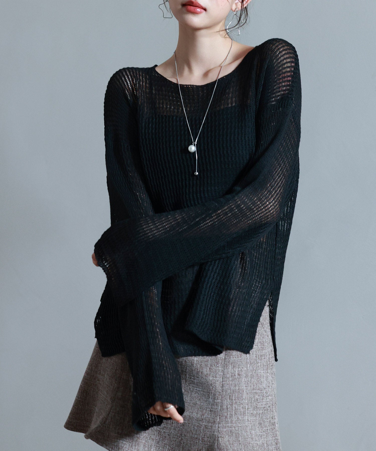 透かし編みオーバーサイズニットプルオーバーsdp8061 ブラック