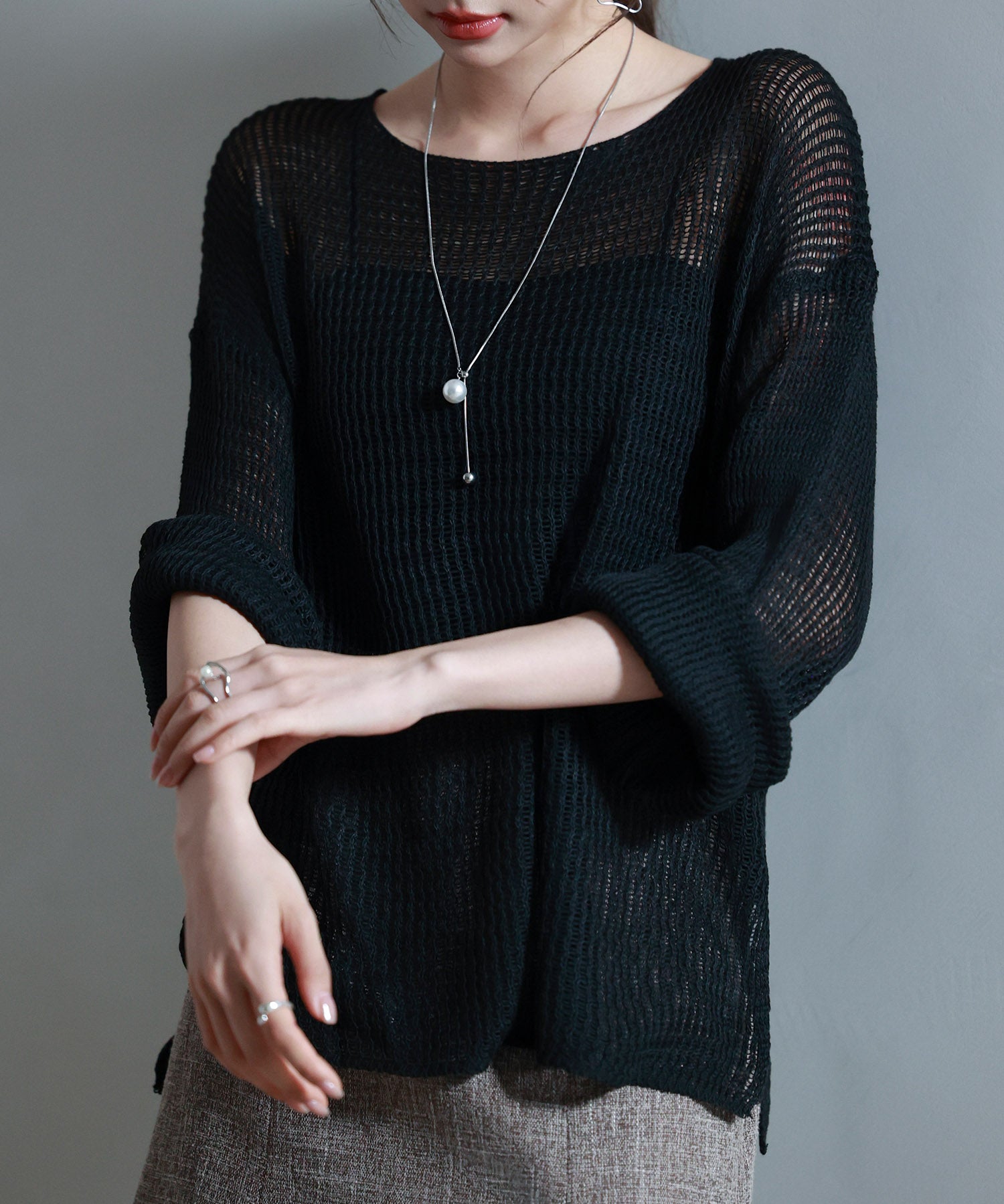 透かし編みオーバーサイズニットプルオーバーsdp8061 ブラック