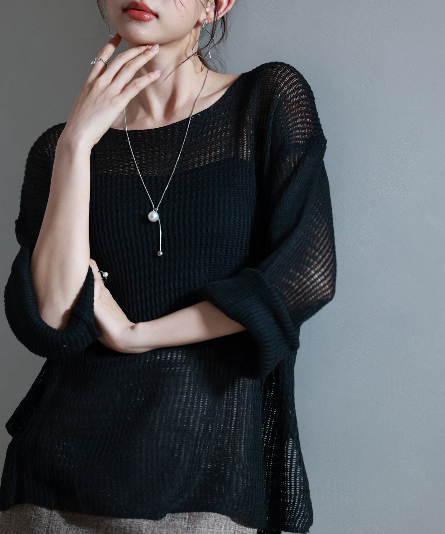 透かし編みオーバーサイズニットプルオーバーsdp8061 ブラック