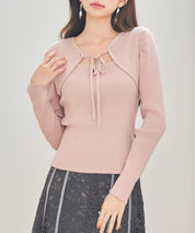 レイヤード風リブ編みニットトップスsdp8064 ピンク