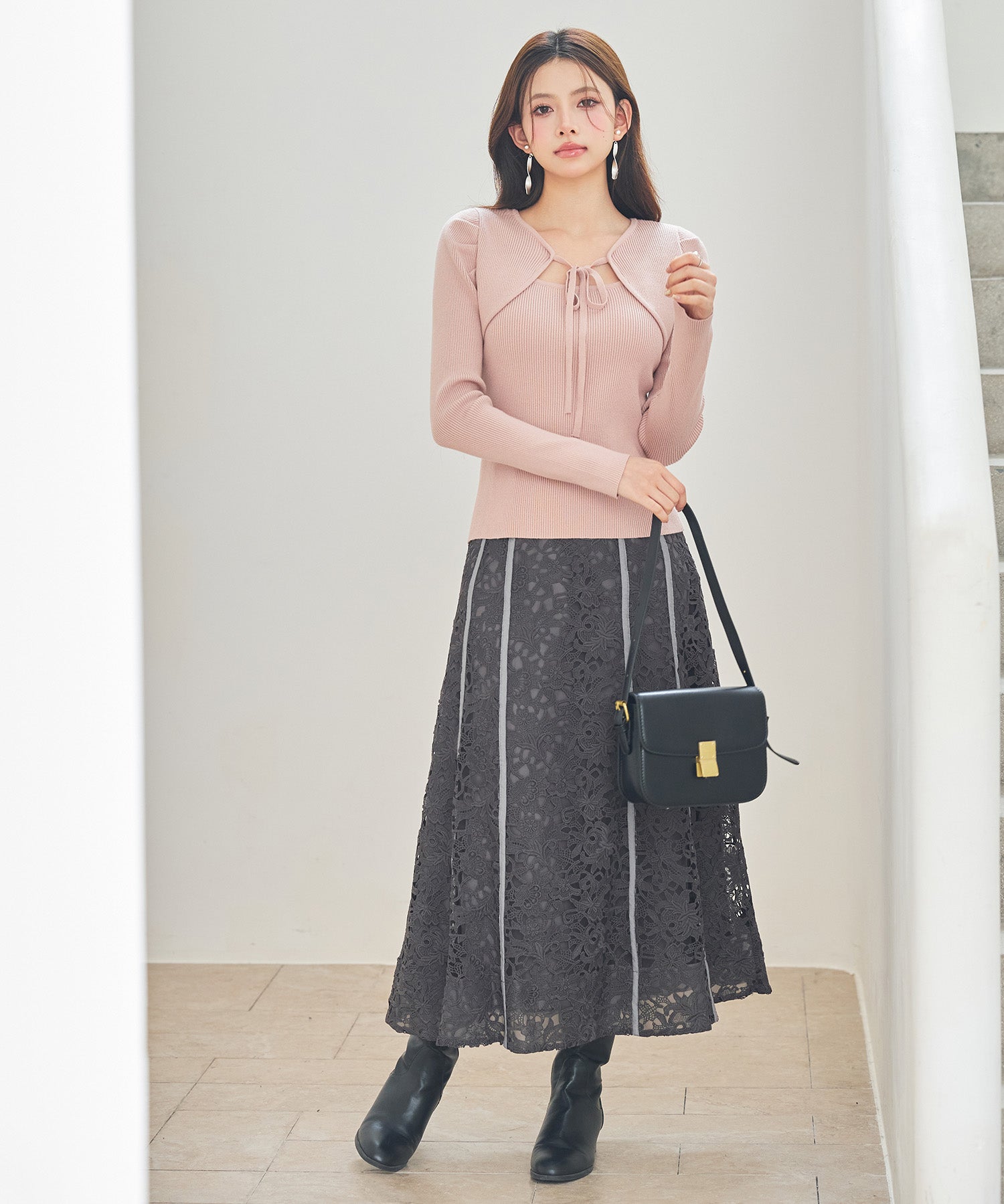 レイヤード風リブ編みニットトップスsdp8064 ピンク