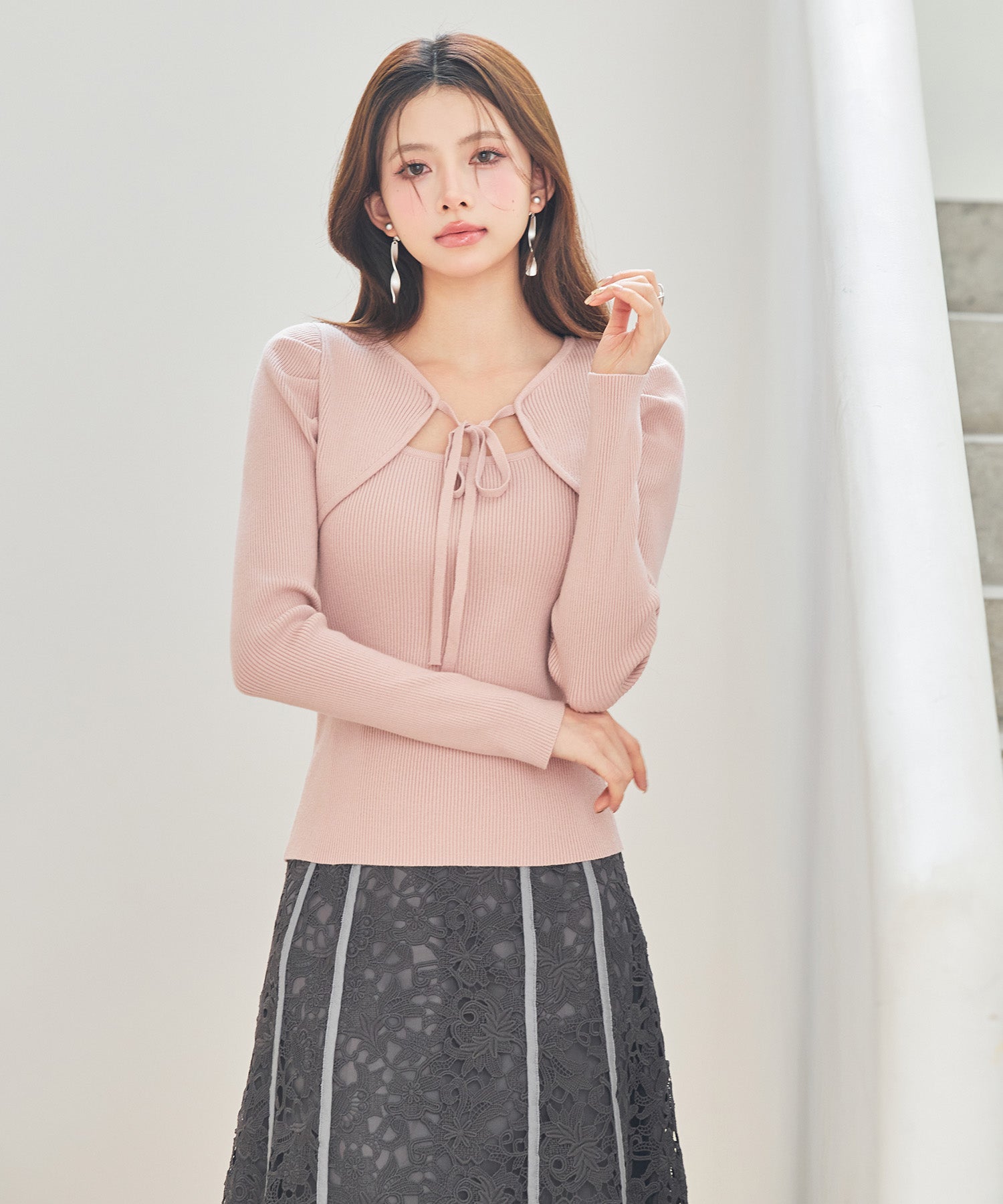 レイヤード風リブ編みニットトップスsdp8064 ピンク