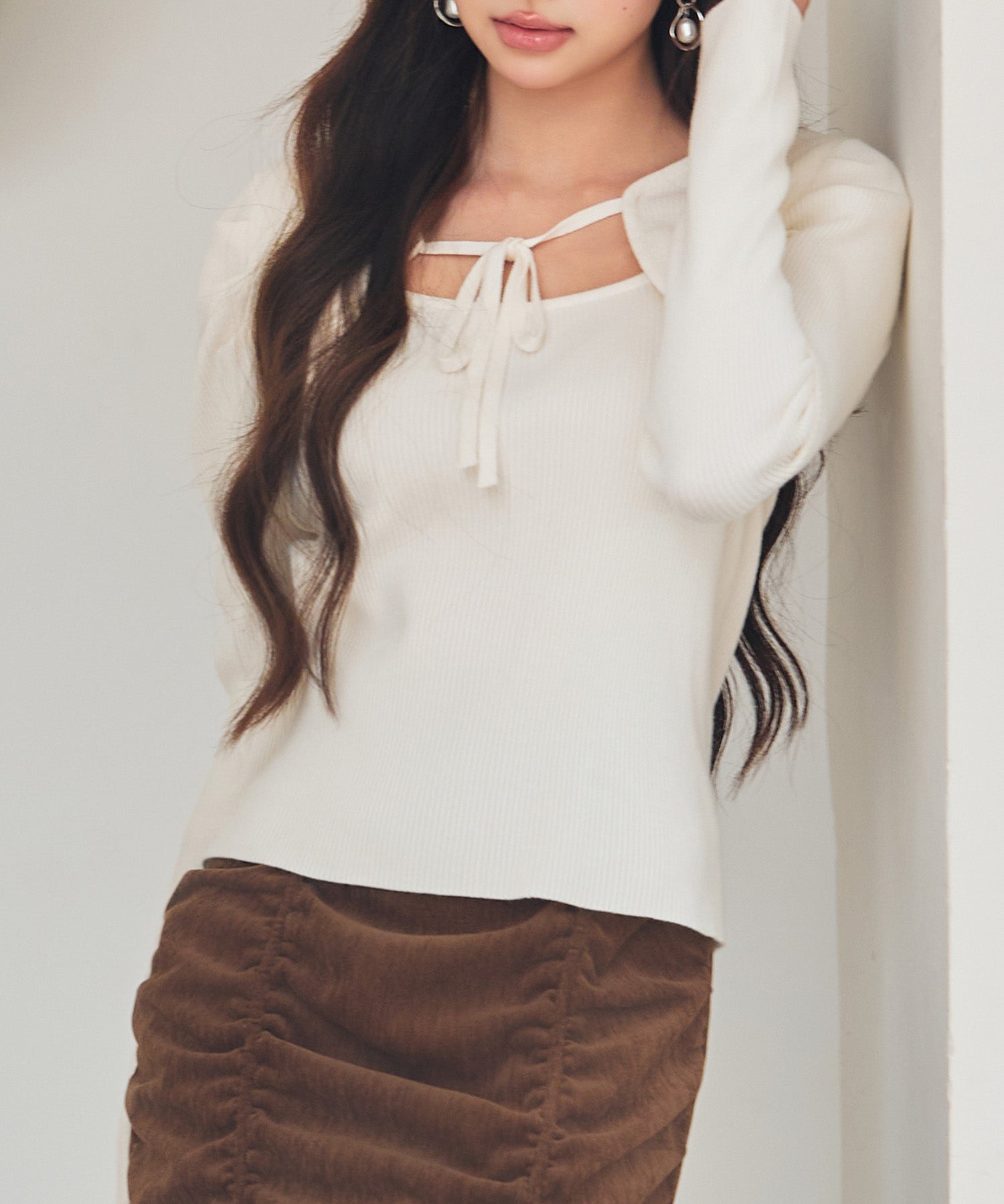 レイヤード風リブ編みニットトップスsdp8064 アイボリー