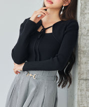 レイヤード風リブ編みニットトップスsdp8064 ブラック