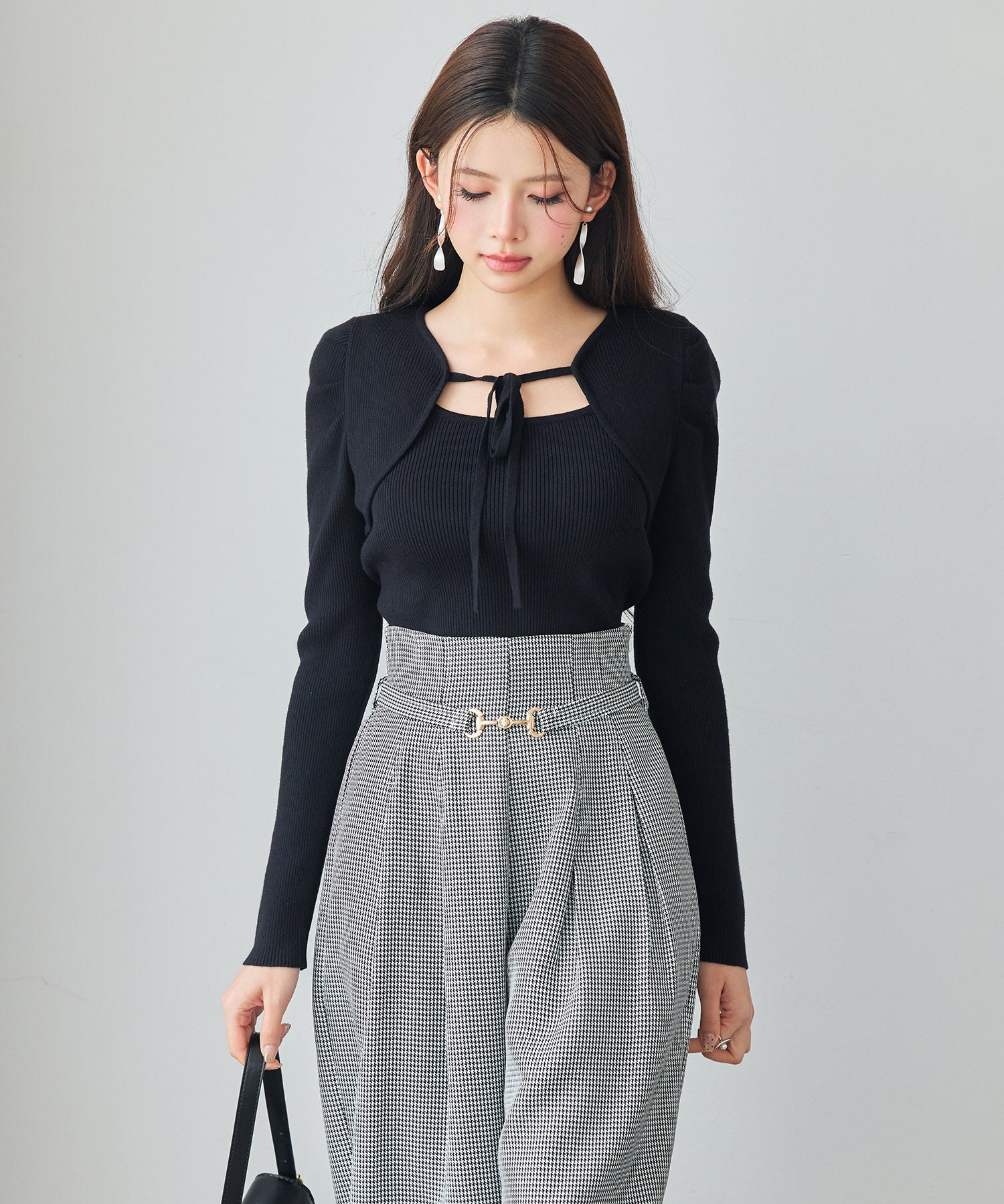 レイヤード風リブ編みニットトップスsdp8064 ブラック