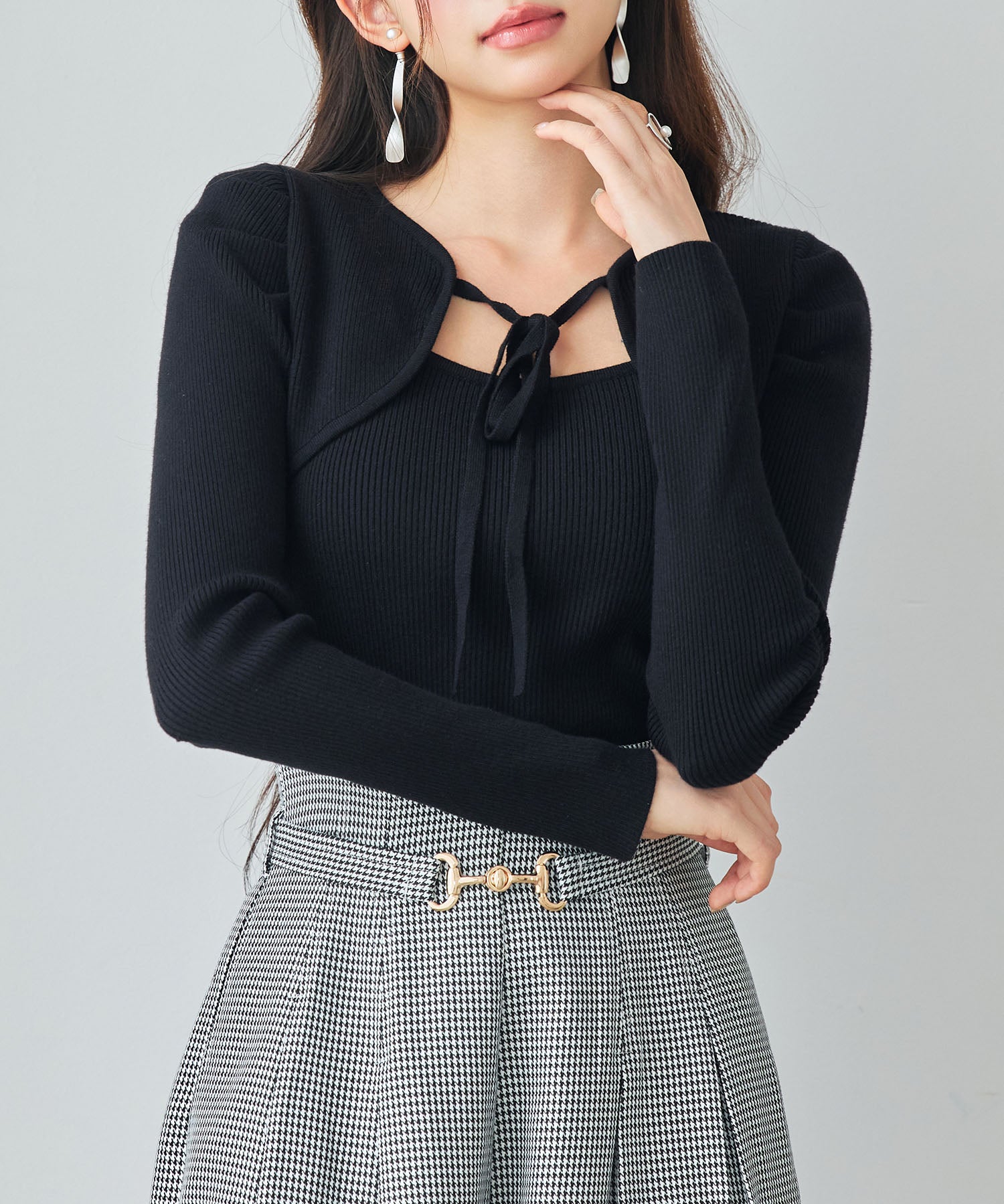 レイヤード風リブ編みニットトップスsdp8064 ブラック