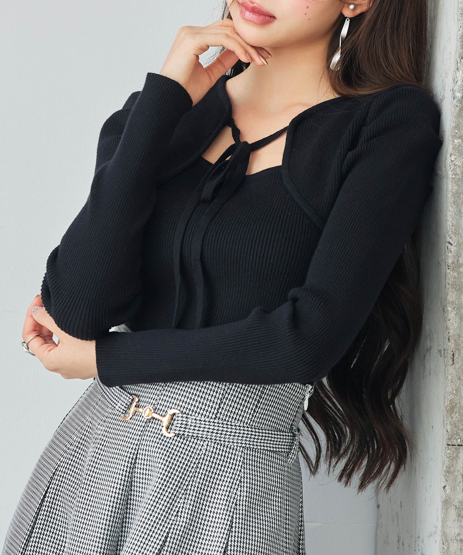 レイヤード風リブ編みニットトップスsdp8064 ブラック