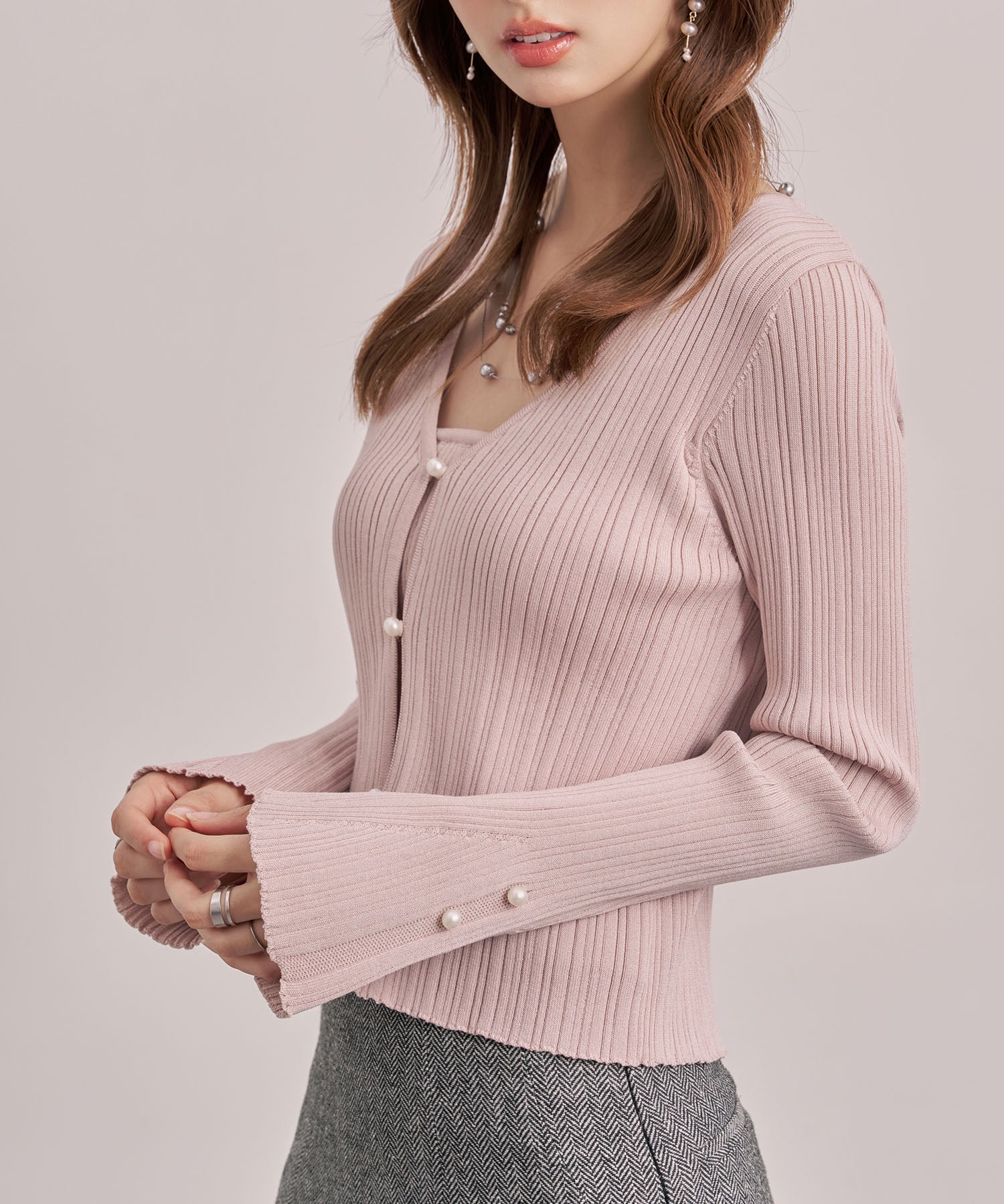 レイヤードランダムリブ編みニットトップスsdp8065 ピンク