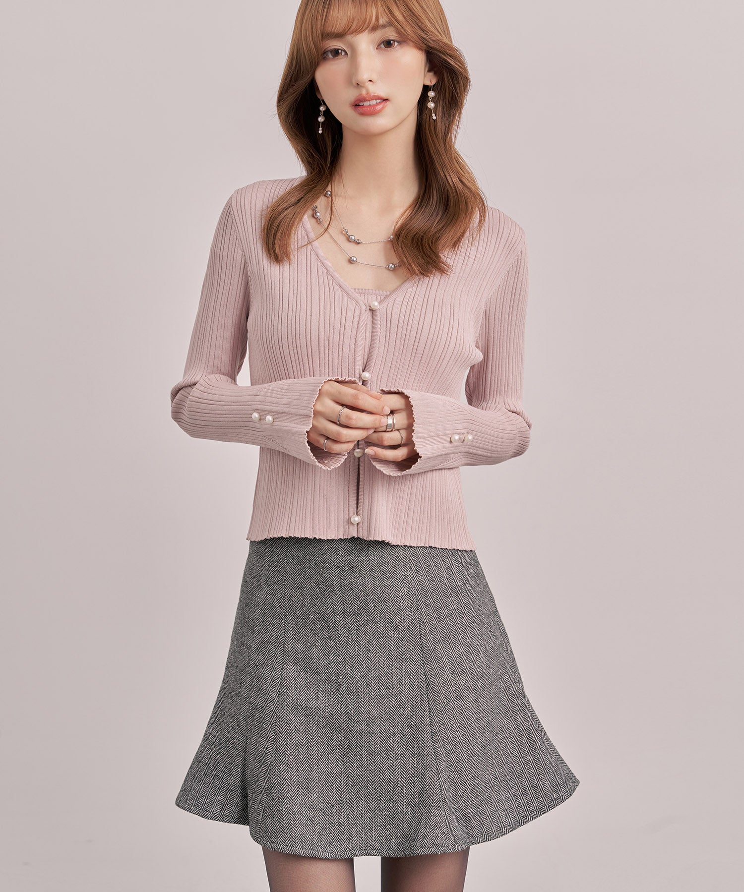 レイヤードランダムリブ編みニットトップスsdp8065 ピンク