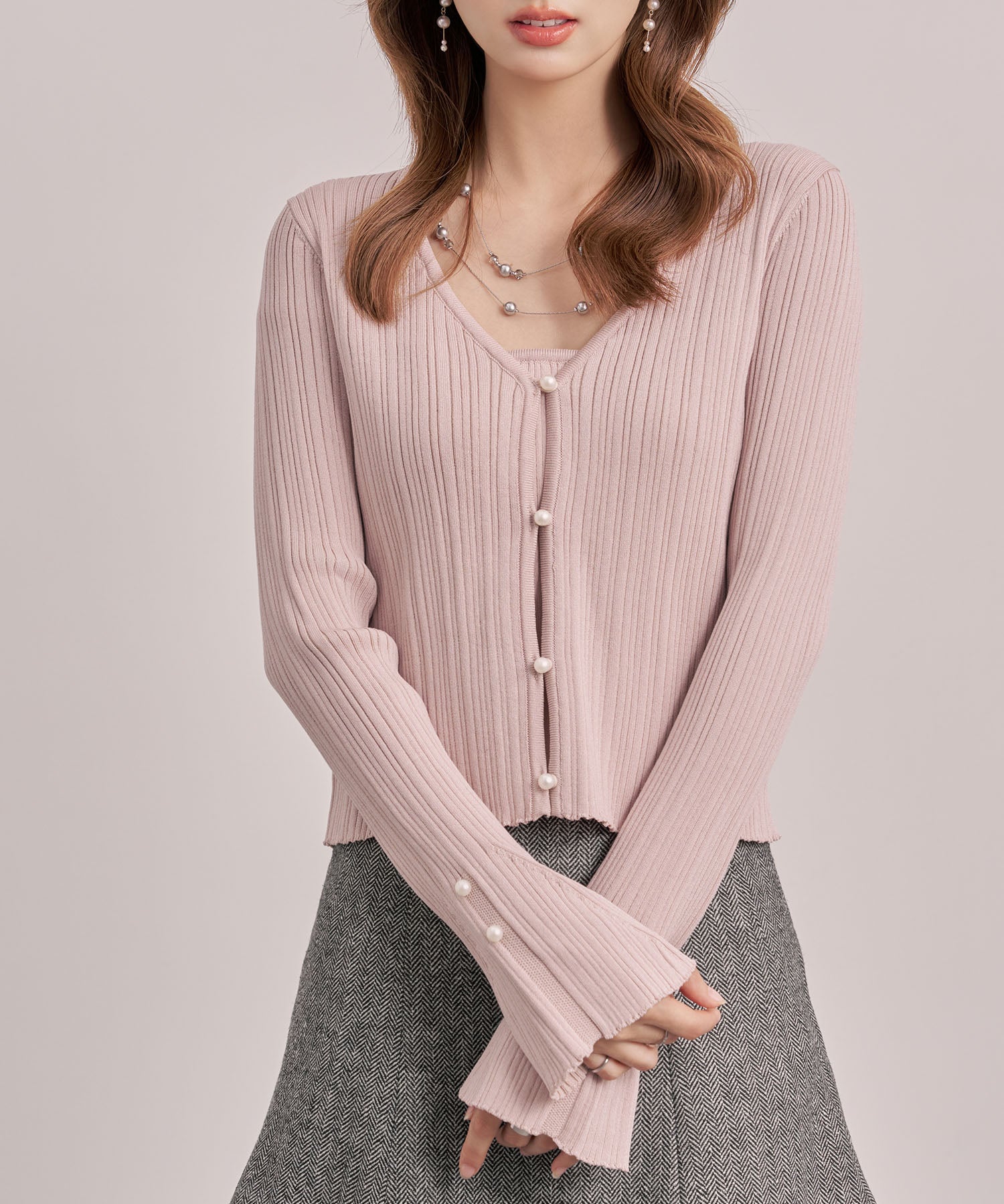 レイヤードランダムリブ編みニットトップスsdp8065 ピンク