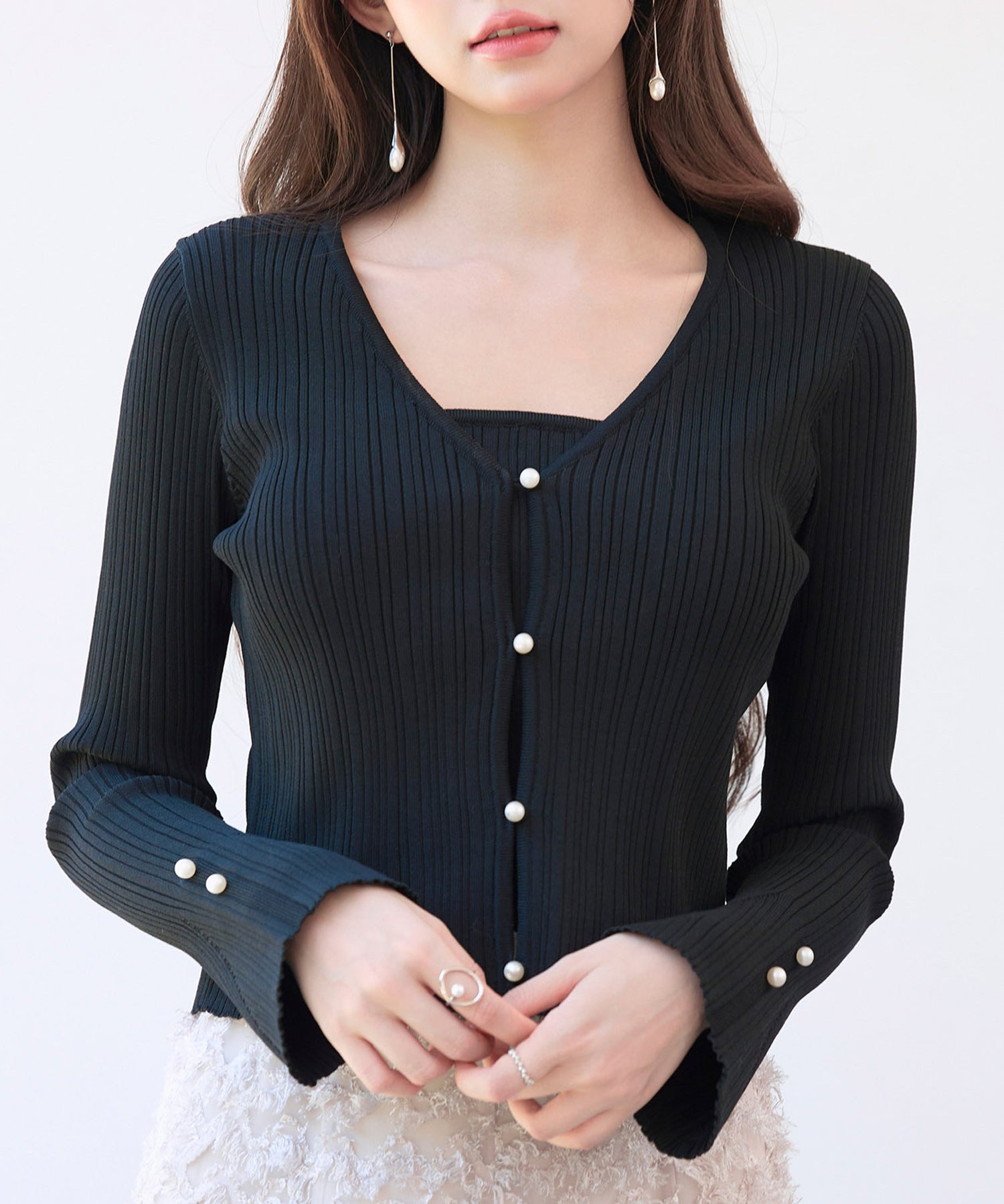 レイヤードランダムリブ編みニットトップスsdp8065 ブラック