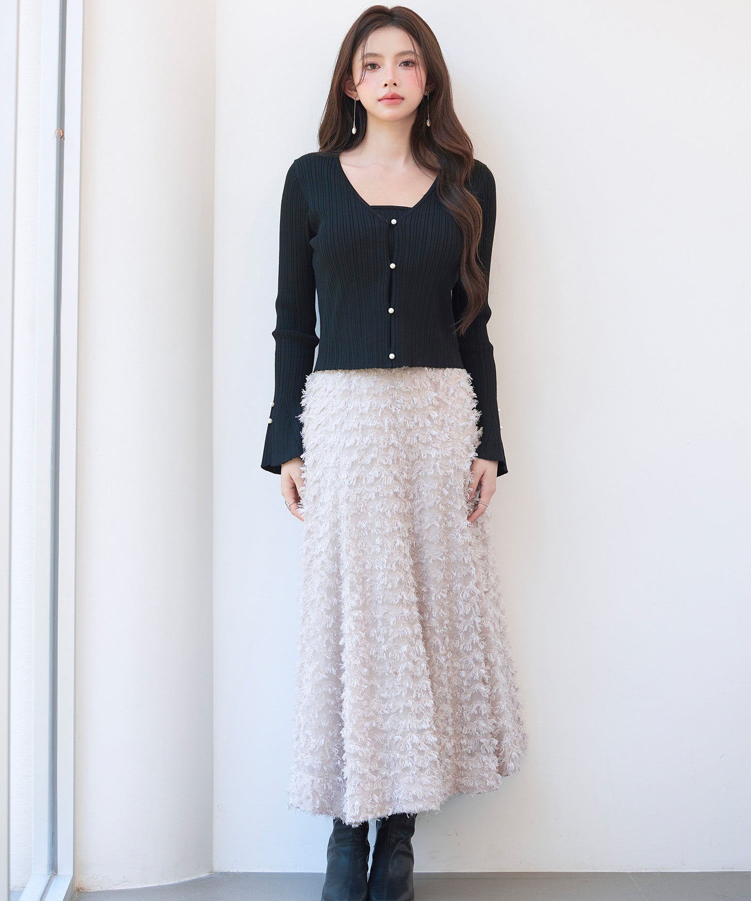 レイヤードランダムリブ編みニットトップスsdp8065 ブラック