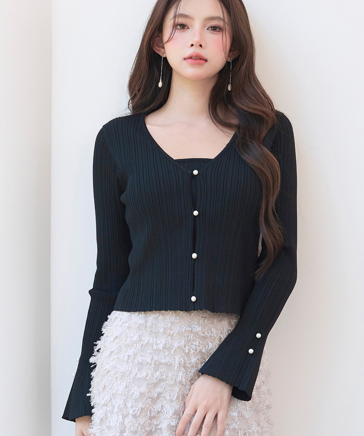 レイヤードランダムリブ編みニットトップスsdp8065 ブラック