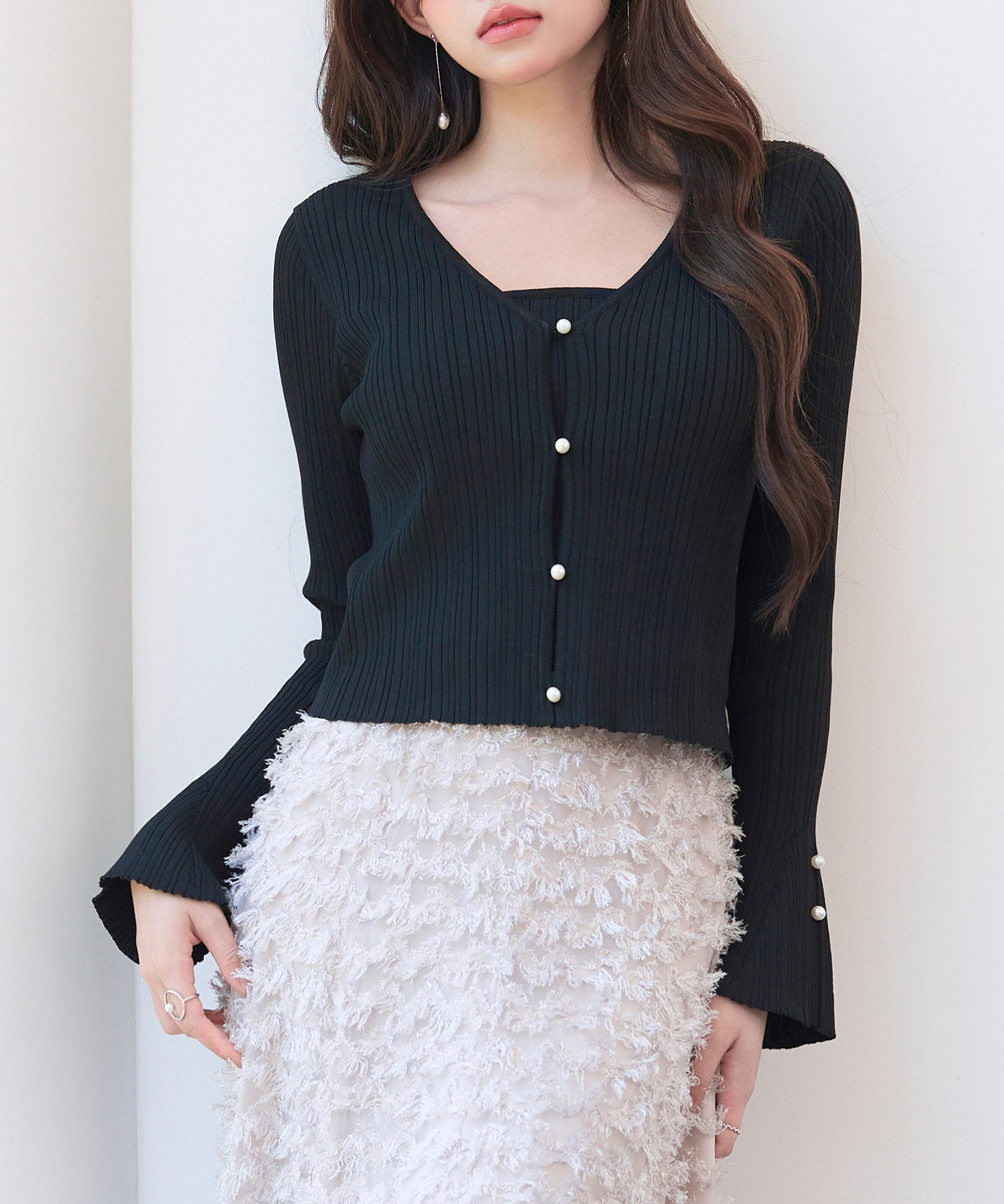 レイヤードランダムリブ編みニットトップスsdp8065 ブラック