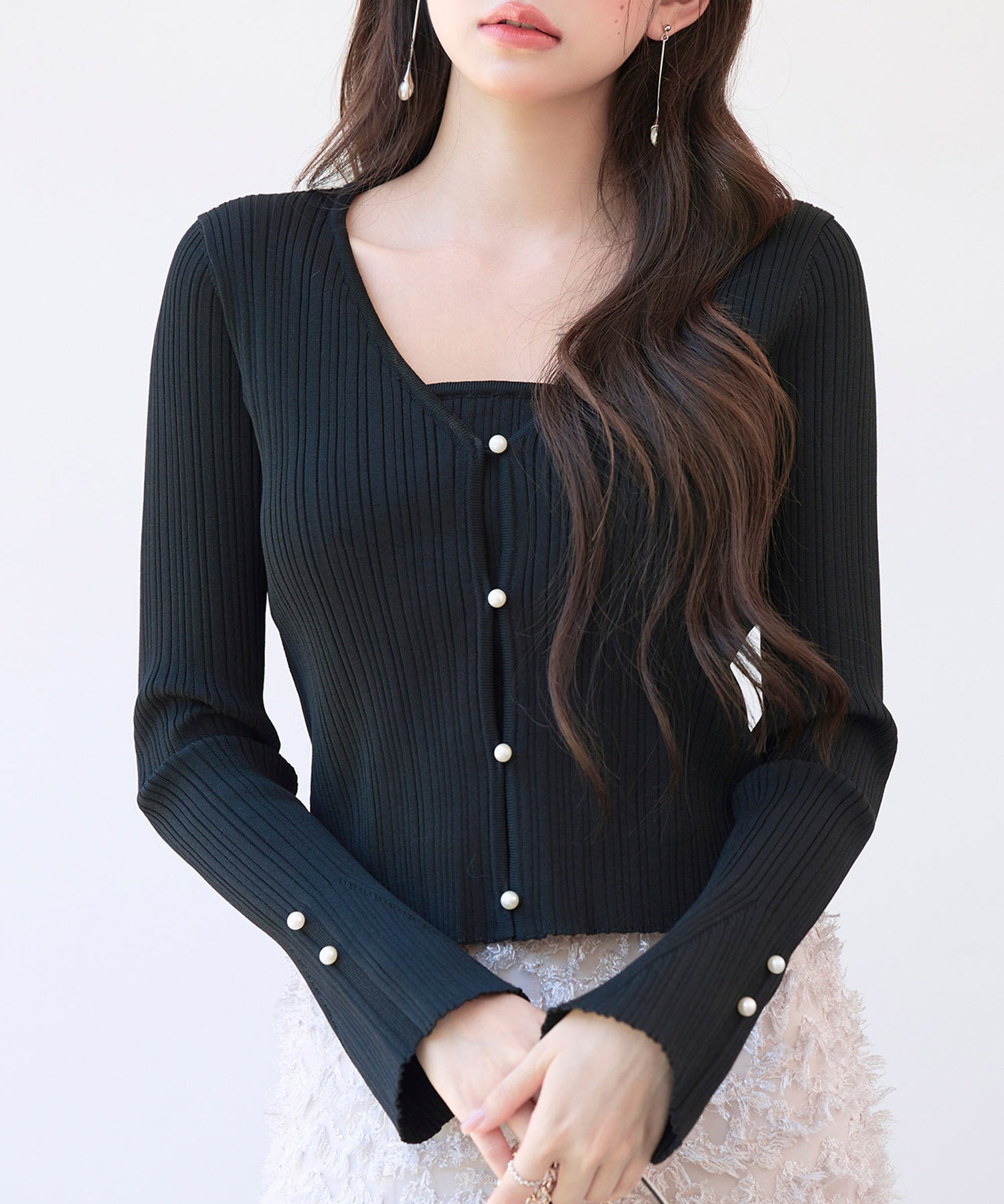 レイヤードランダムリブ編みニットトップスsdp8065 ブラック