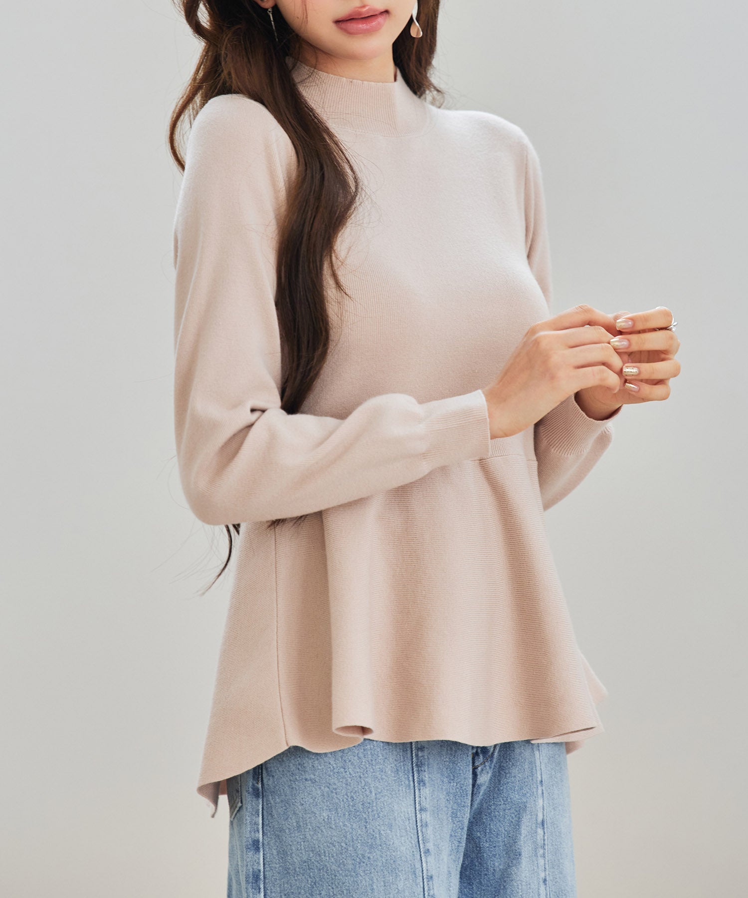 モックネックペプラムニットトップスsdp8066 ベージュ