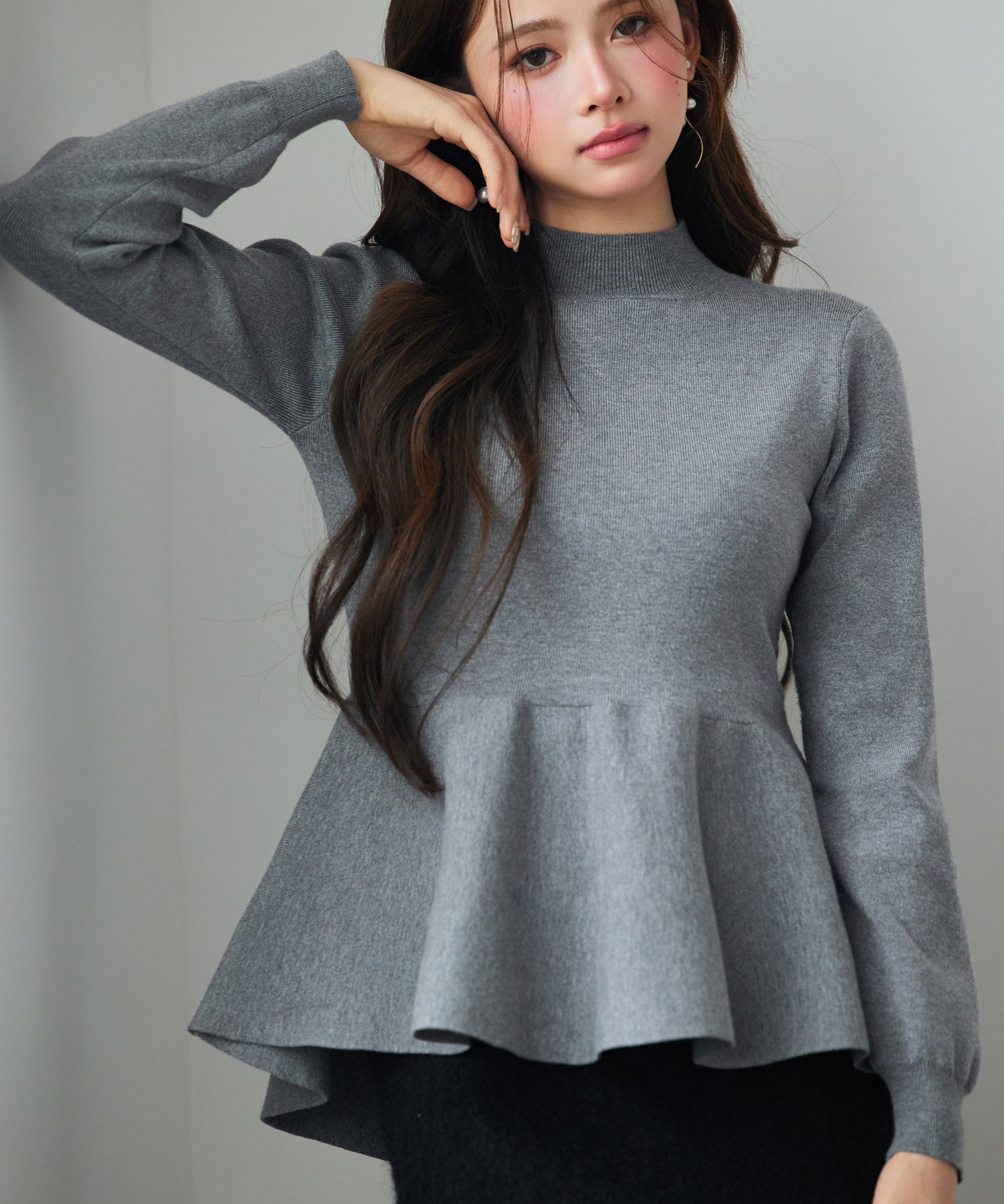 モックネックペプラムニットトップスsdp8066 グレー