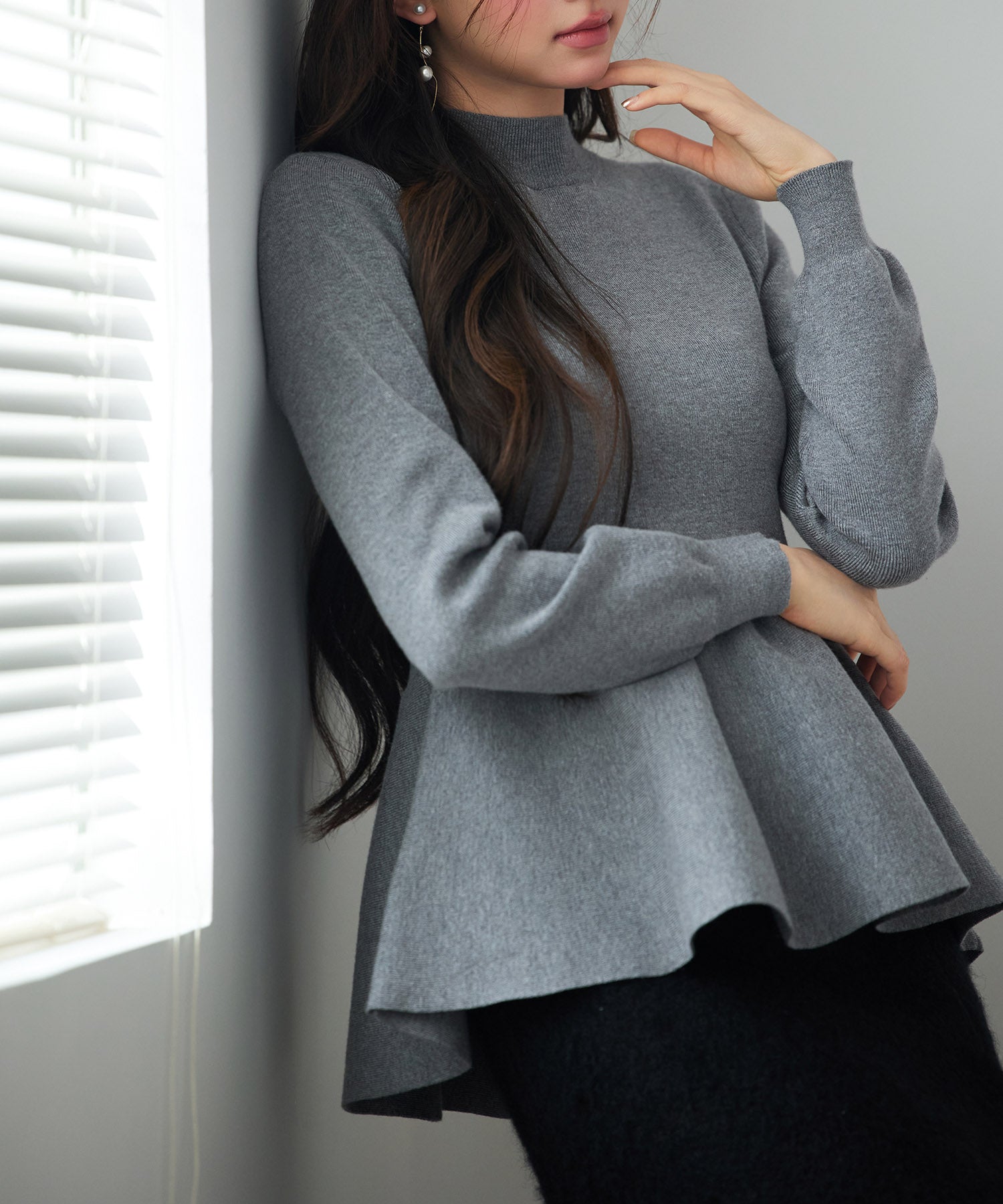 モックネックペプラムニットトップスsdp8066 グレー